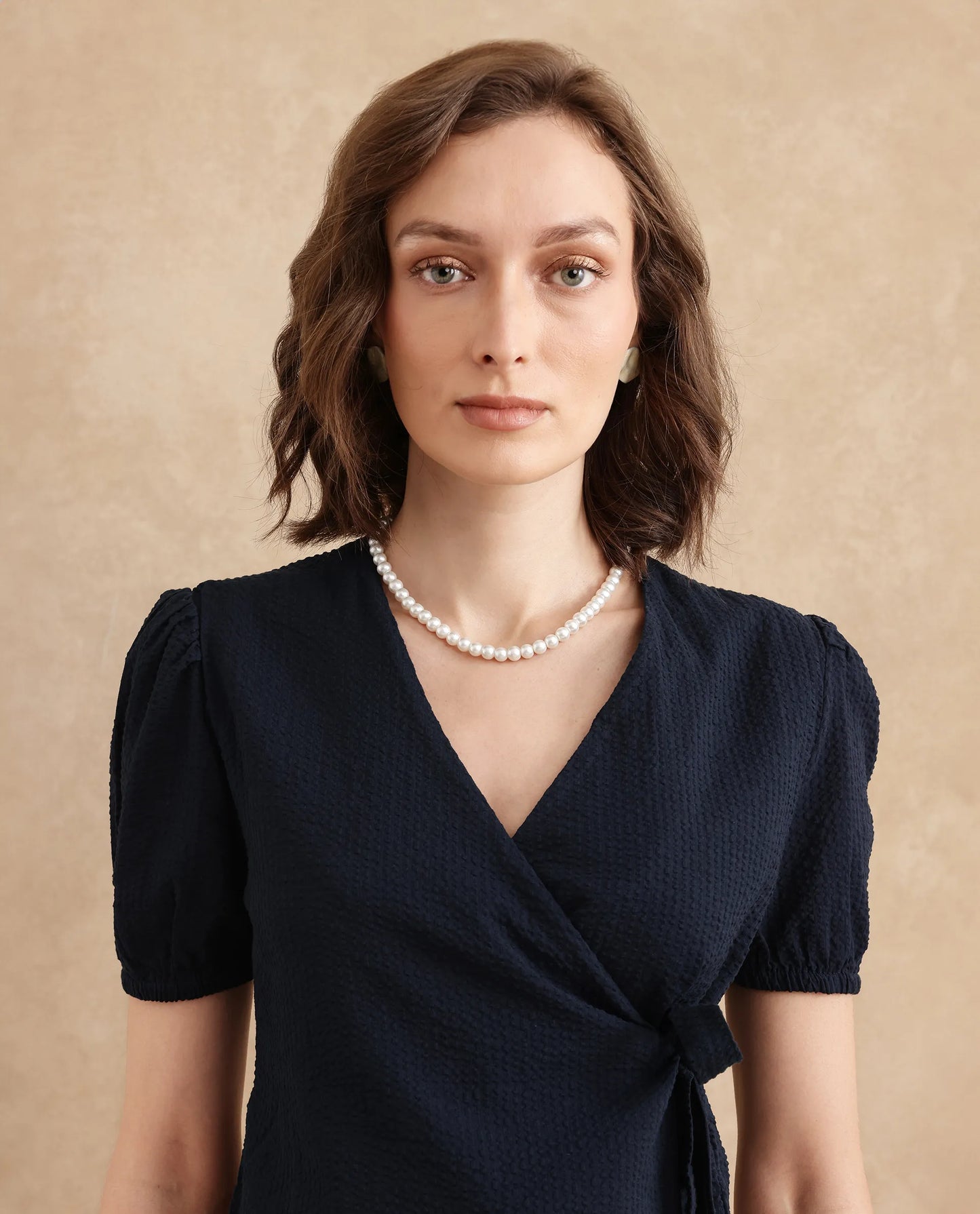 Rareism Women Serem Navy Bishop Sleeves V-Neck Regular Fit Plain Top