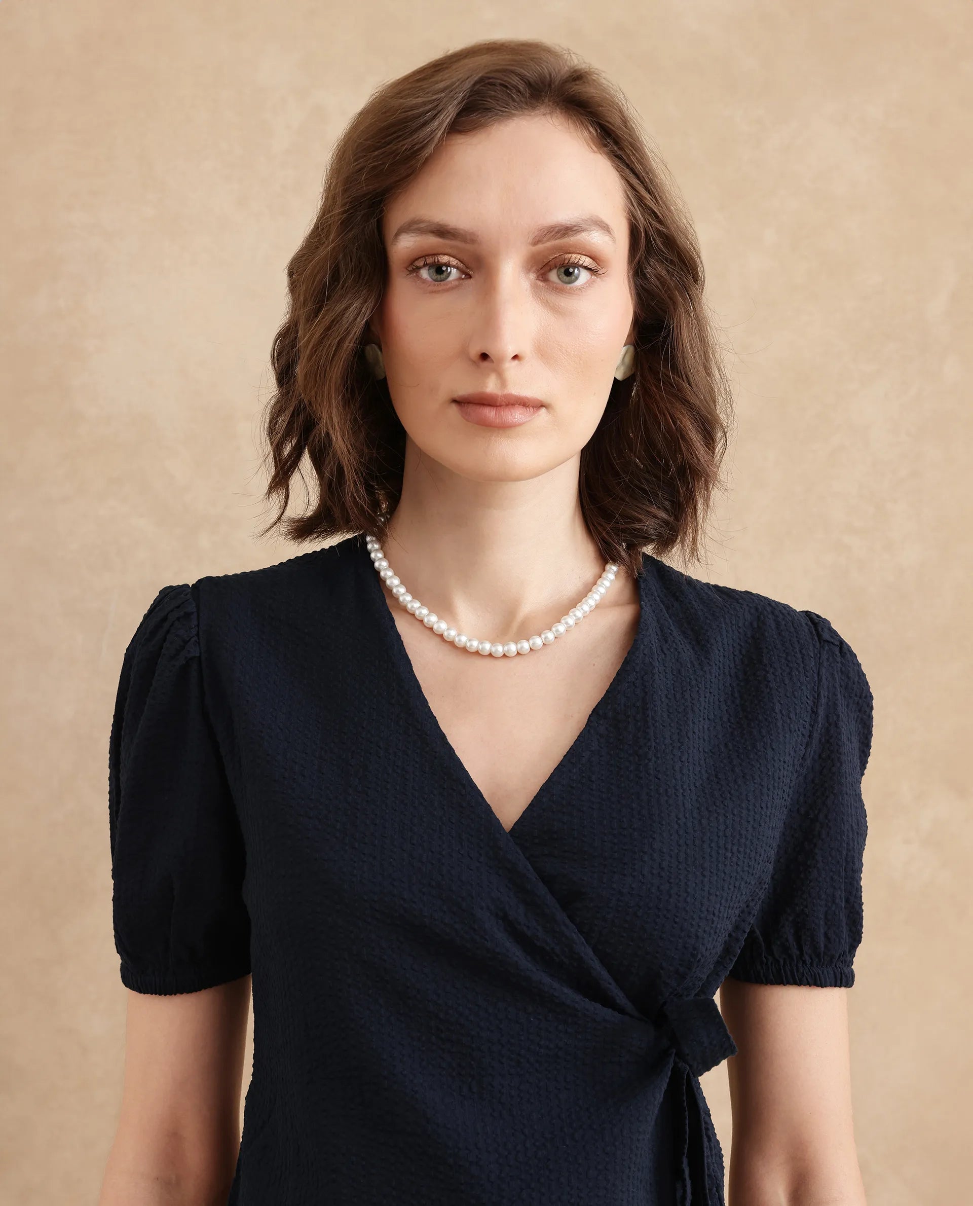 Rareism Women Serem Navy Bishop Sleeves V-Neck Regular Fit Plain Top