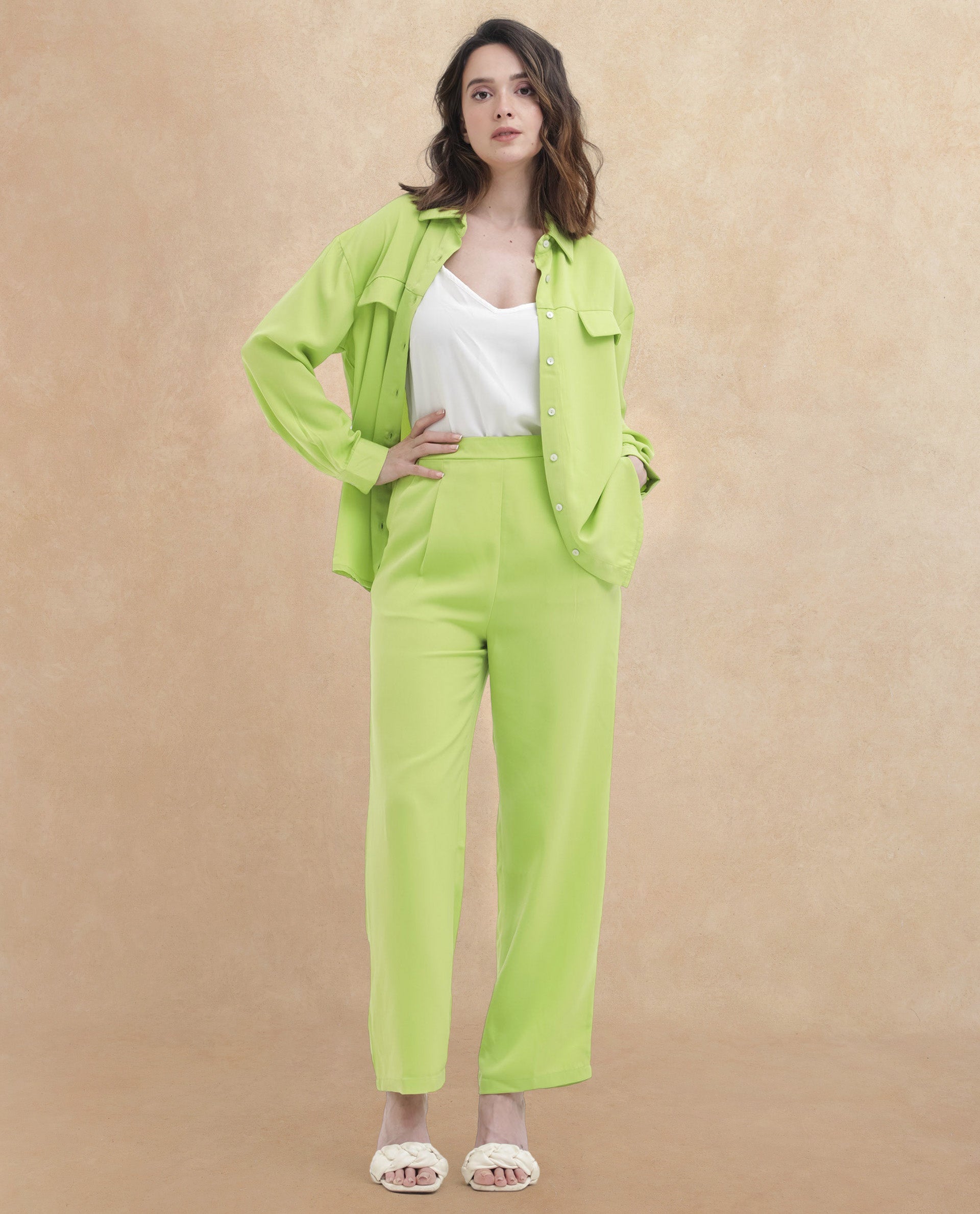 Rareism Women Sergey Green Polyester Fabric Full Sleeves Button Closure Collared Neck Cuffed Sleeve Regular Fit Plain Shirt