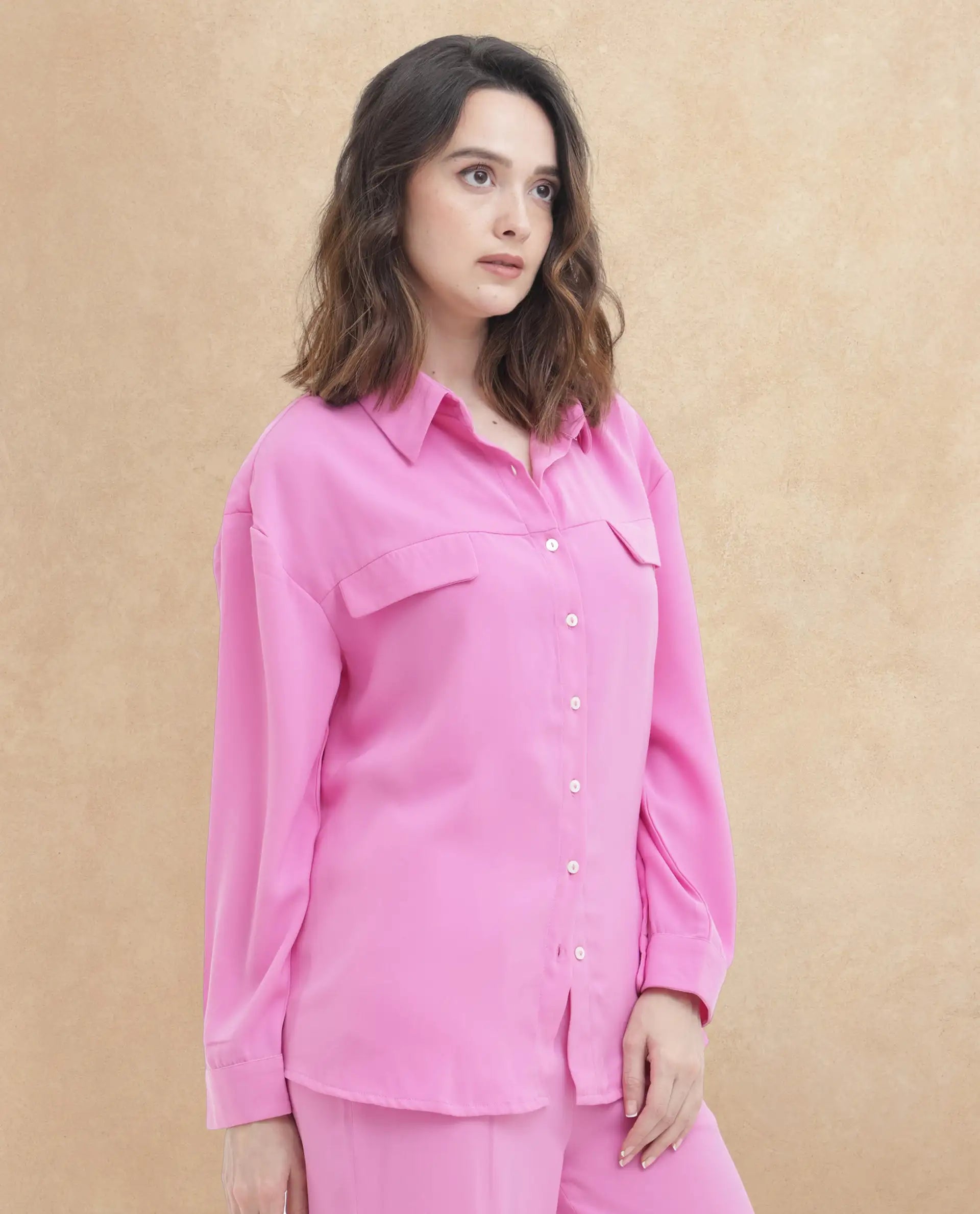 Rareism Women Sergey Pink Polyester Fabric Full Sleeves Button Closure Collared Neck Cuffed Sleeve Regular Fit Plain Shirt