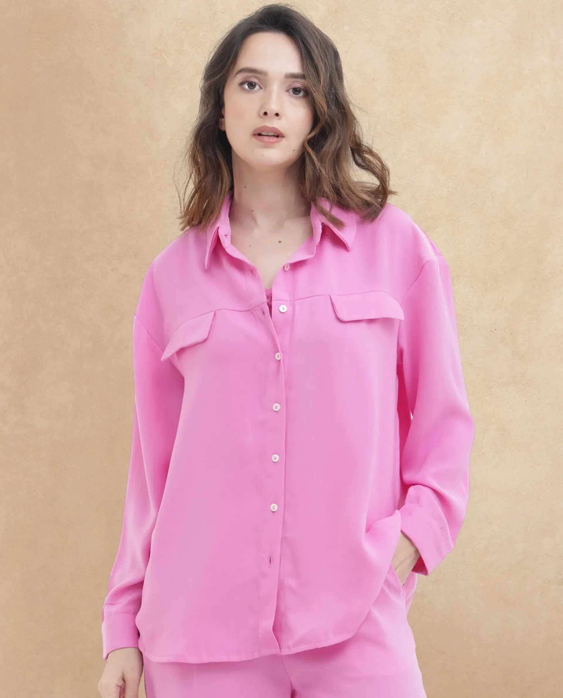 Rareism Women Sergey Pink Polyester Fabric Full Sleeves Button Closure Collared Neck Cuffed Sleeve Regular Fit Plain Shirt
