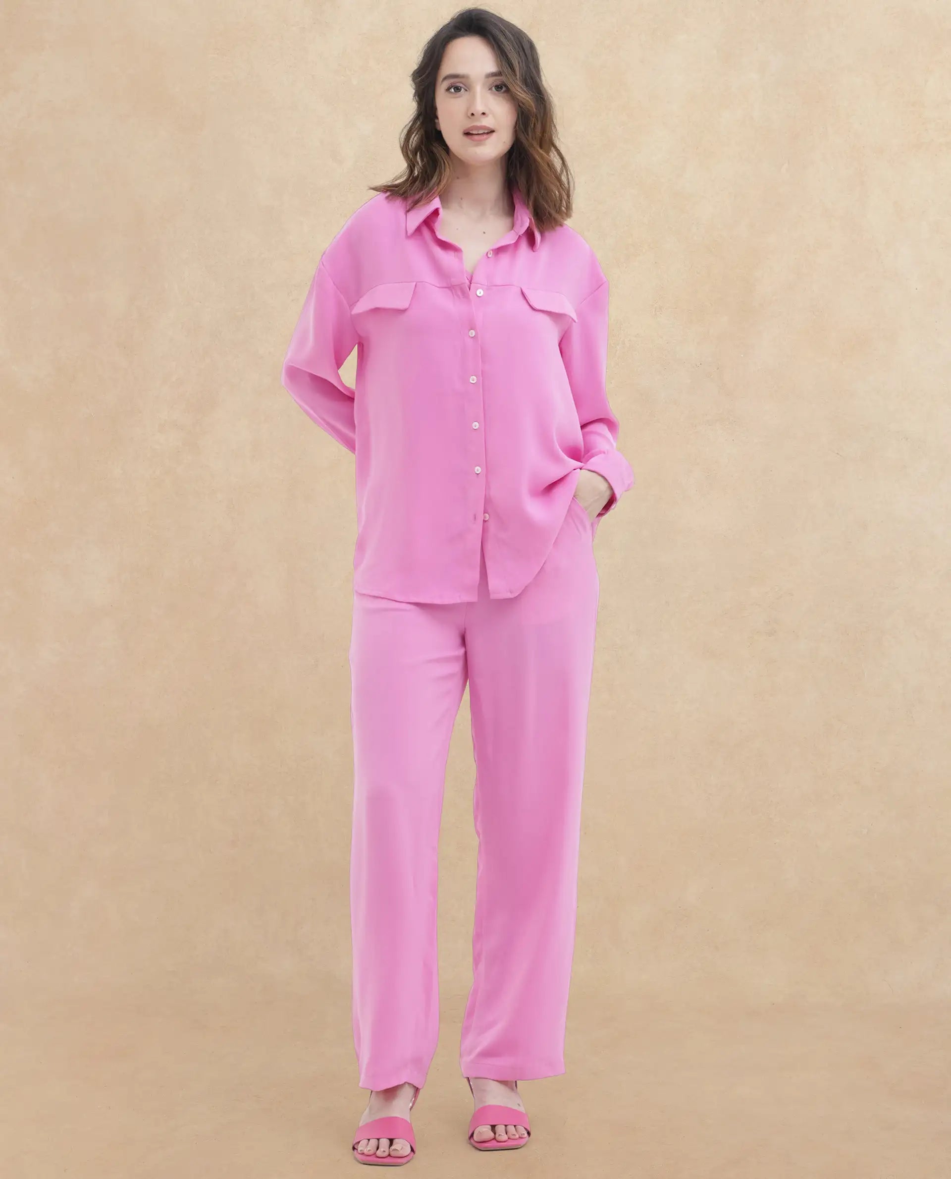 Rareism Women Sergey Pink Polyester Fabric Full Sleeves Button Closure Collared Neck Cuffed Sleeve Regular Fit Plain Shirt