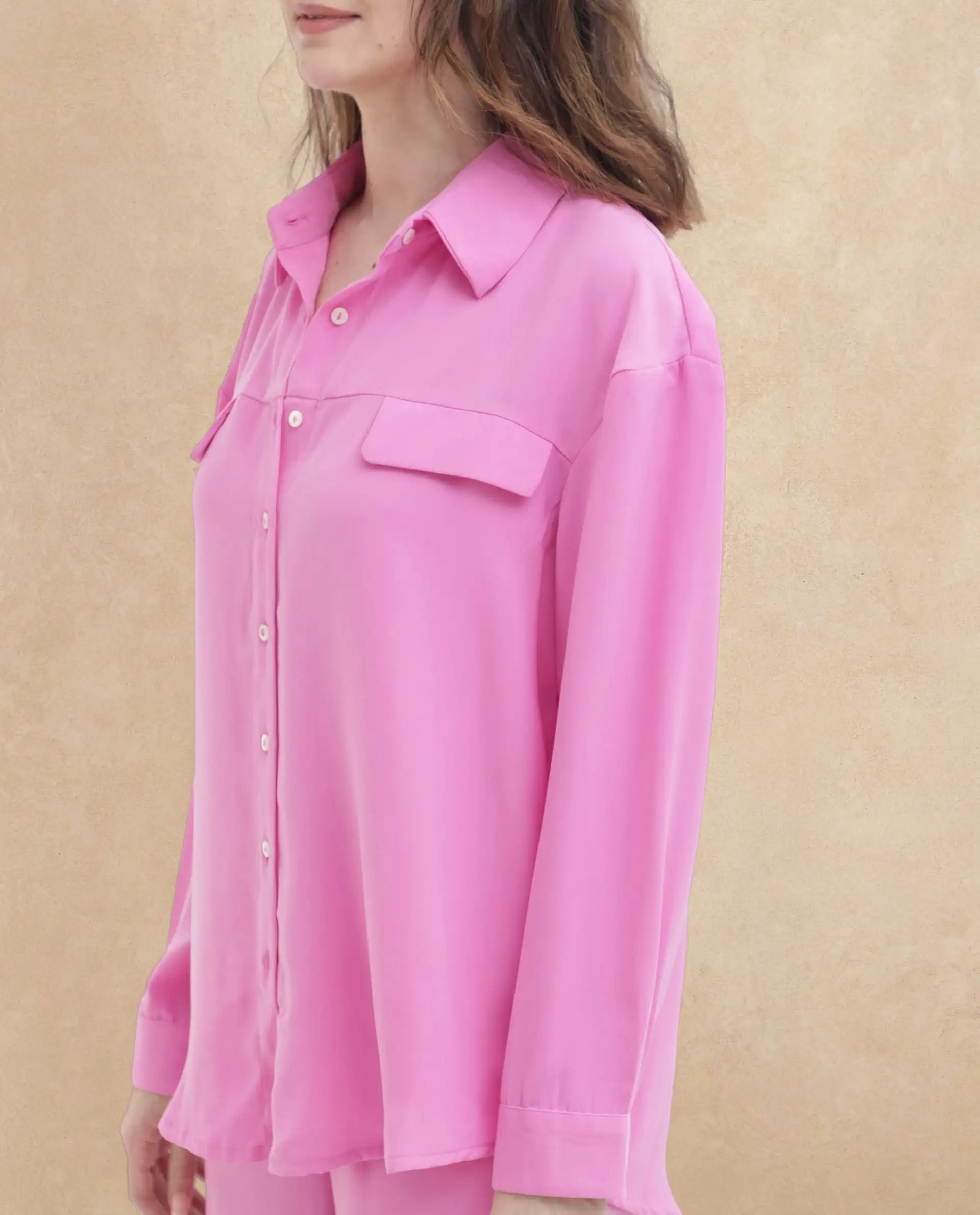 Rareism Women Sergey Pink Polyester Fabric Full Sleeves Button Closure Collared Neck Cuffed Sleeve Regular Fit Plain Shirt