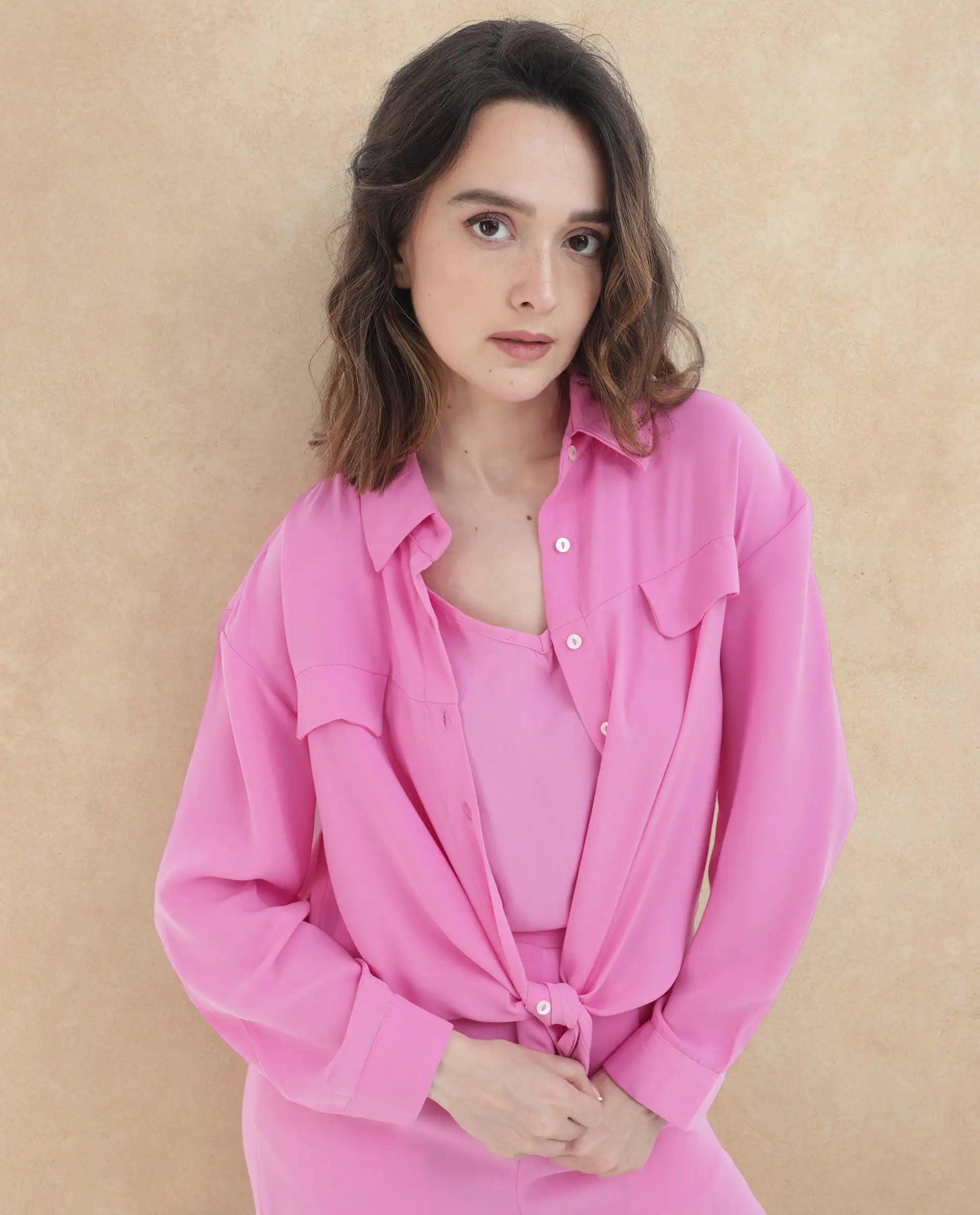 Rareism Women Sergey Pink Polyester Fabric Full Sleeves Button Closure Collared Neck Cuffed Sleeve Regular Fit Plain Shirt