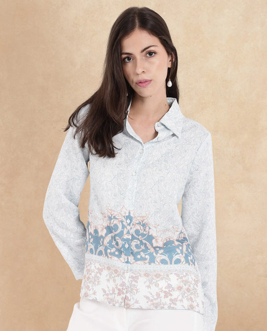 Rareism Women Sesent Light Multi Cuffed Sleeve Collared Neck  Abstract Print Top