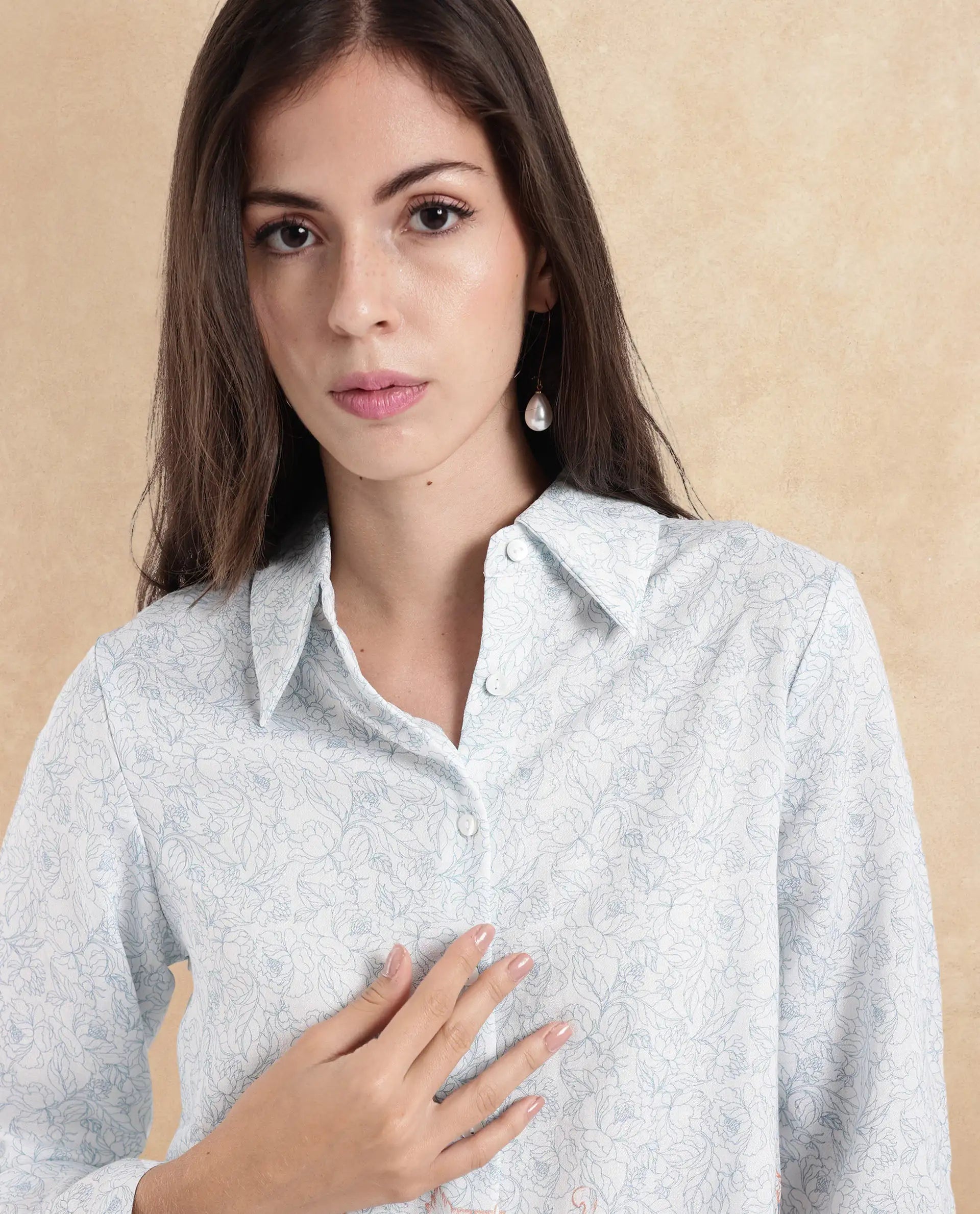 Rareism Women Sesent Light Multi Cuffed Sleeve Collared Neck  Abstract Print Top