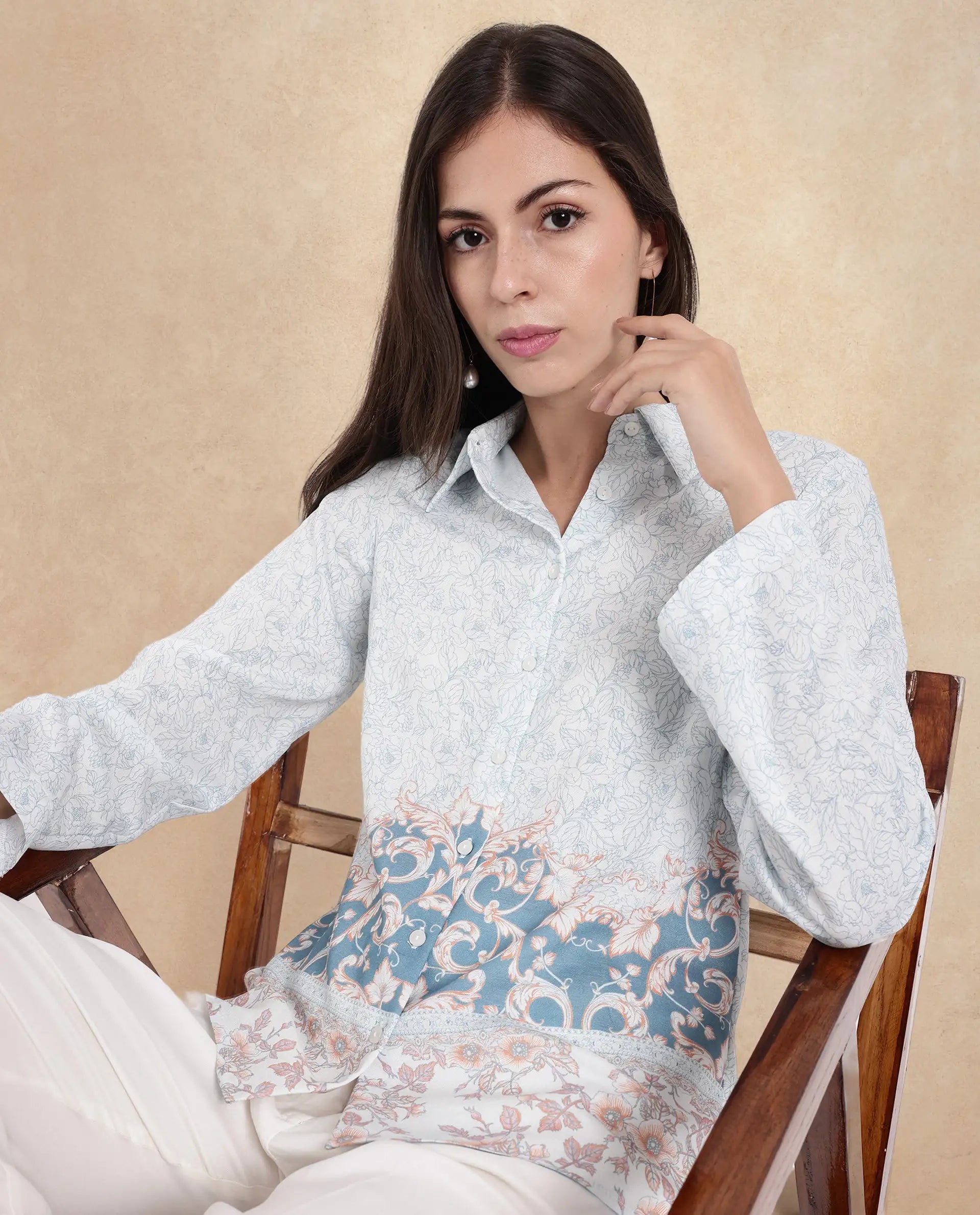 Rareism Women Sesent Light Multi Cuffed Sleeve Collared Neck  Abstract Print Top