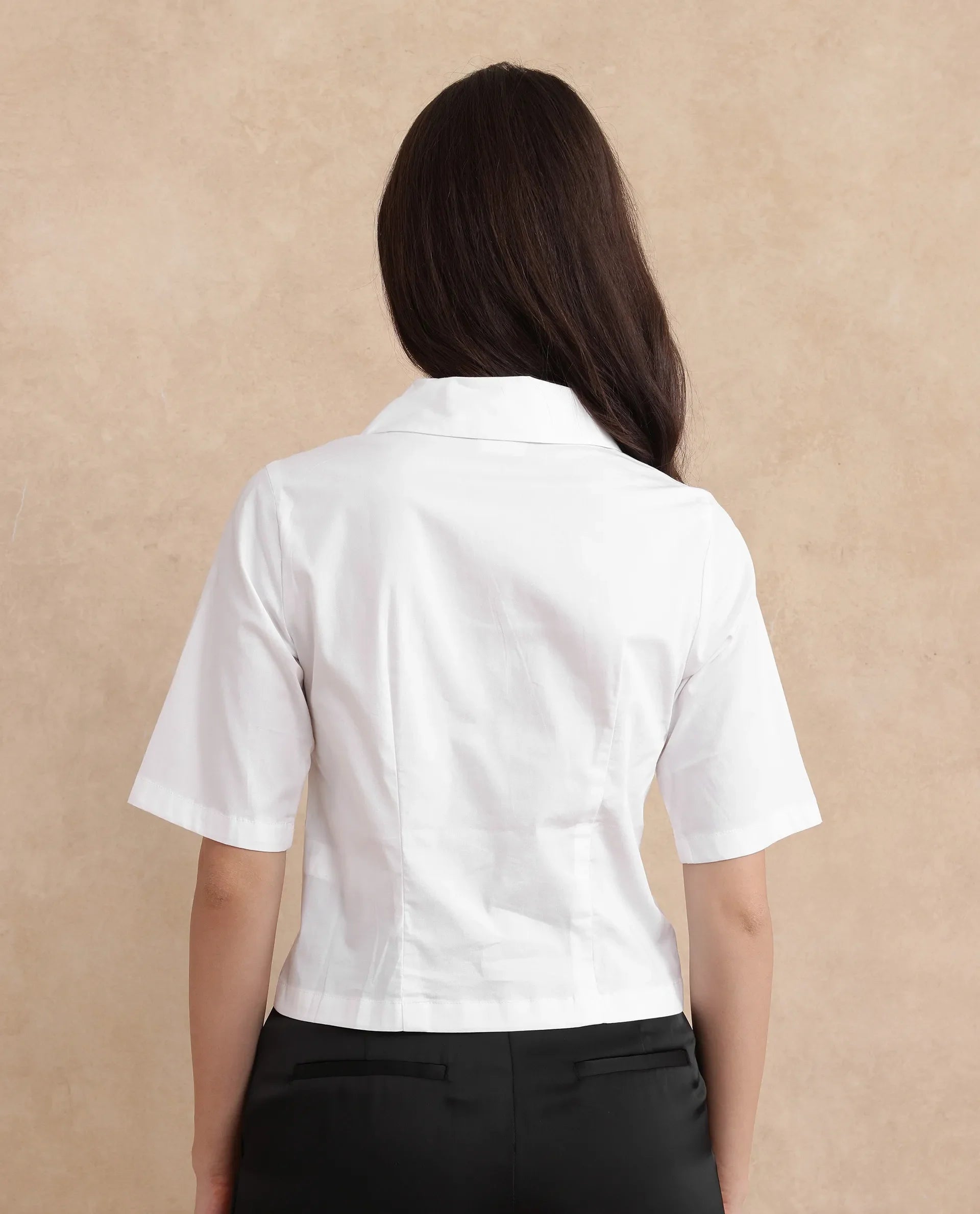 Rareism Women Seui White Short Sleeve Lapel Neck Boxy Fit Cropped Plain Top