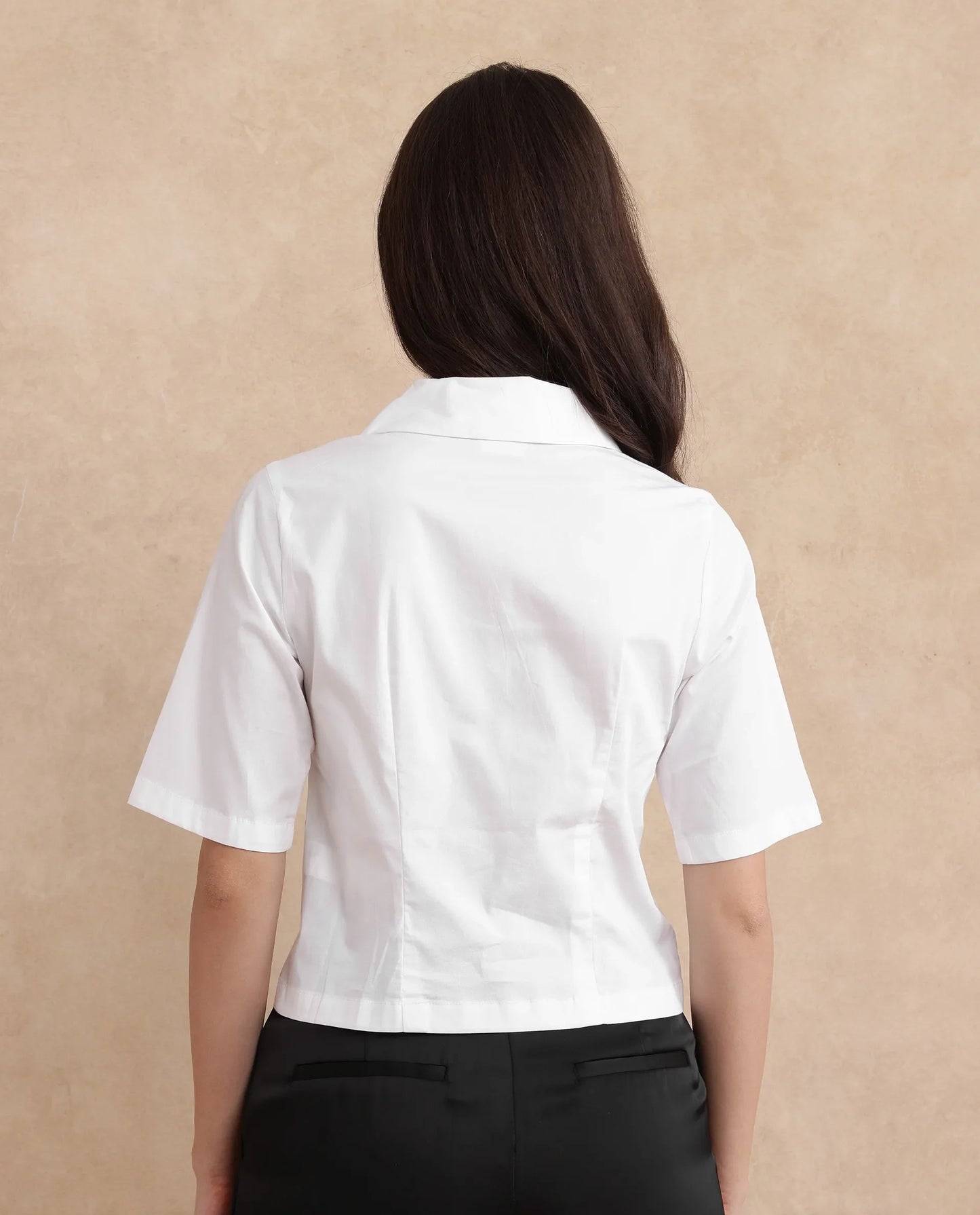 Rareism Women Seui White Short Sleeve Lapel Neck Boxy Fit Cropped Plain Top