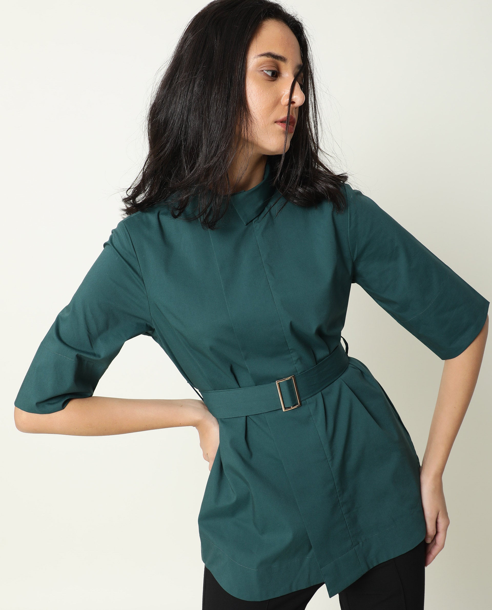 Rareism Women Cisco Dusky Green Cotton Lycra Fabric Short Sleeves Shirt Collar Regular Fit Plain Knee Length Top