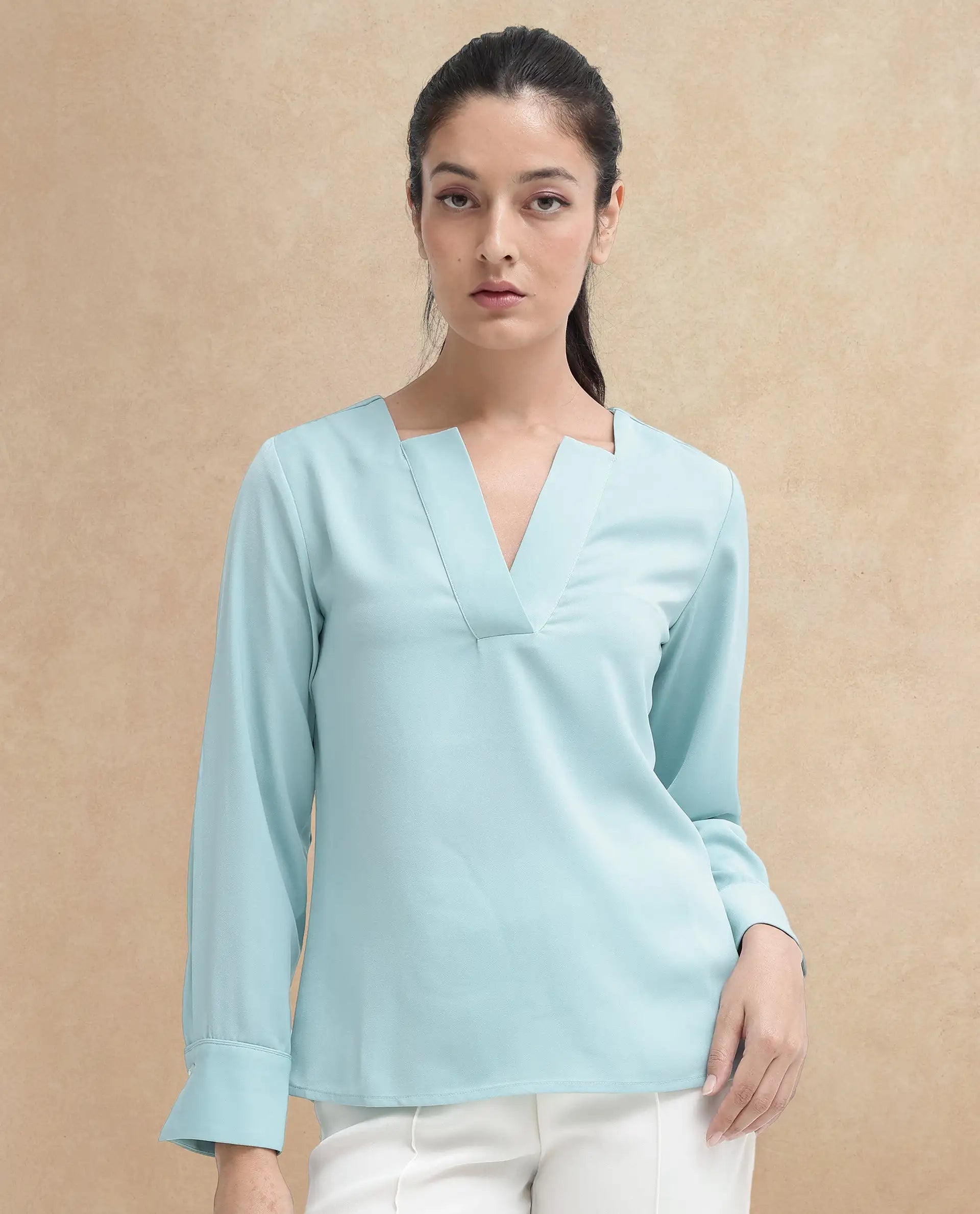 Rareism Women Shami Light Blue Cuffed Sleeve V-Neck Plain Top