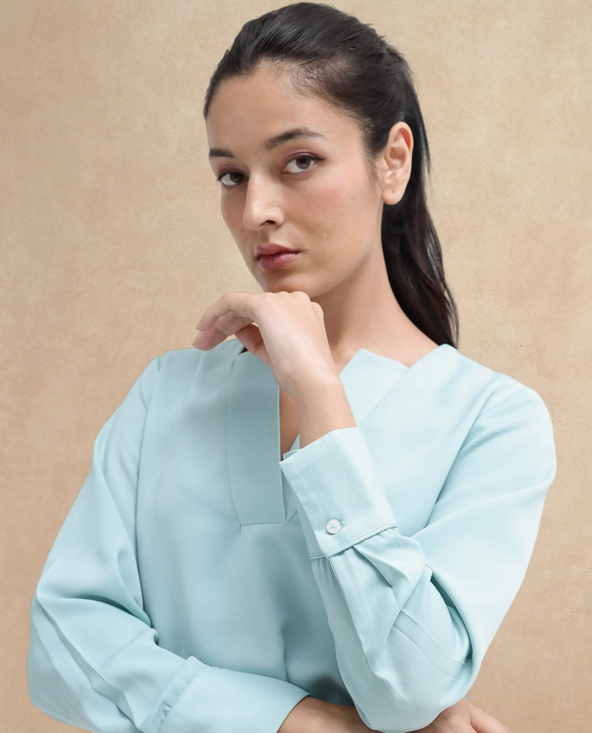 Rareism Women Shami Light Blue Cuffed Sleeve V-Neck Plain Top