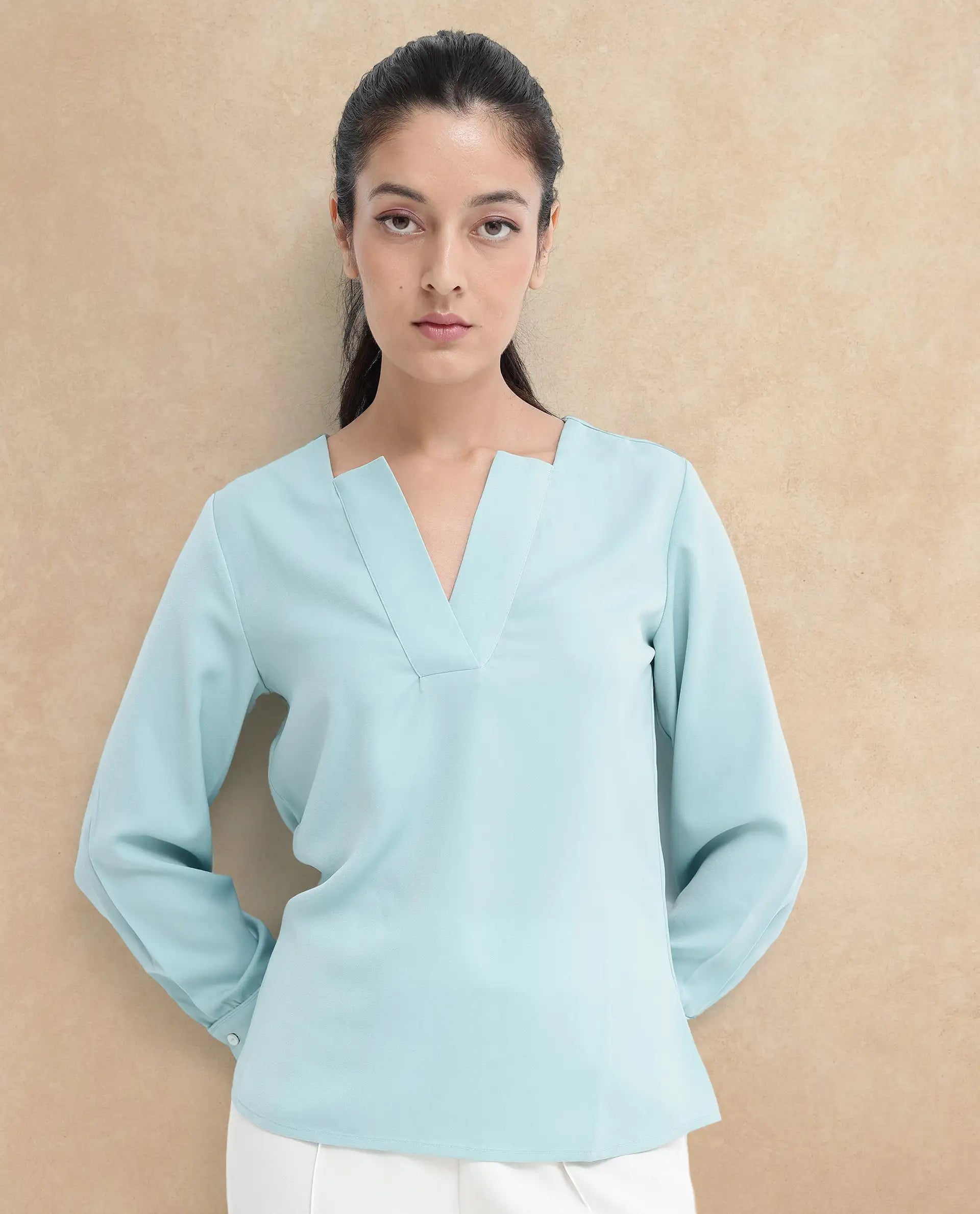 Rareism Women Shami Light Blue Cuffed Sleeve V-Neck Plain Top