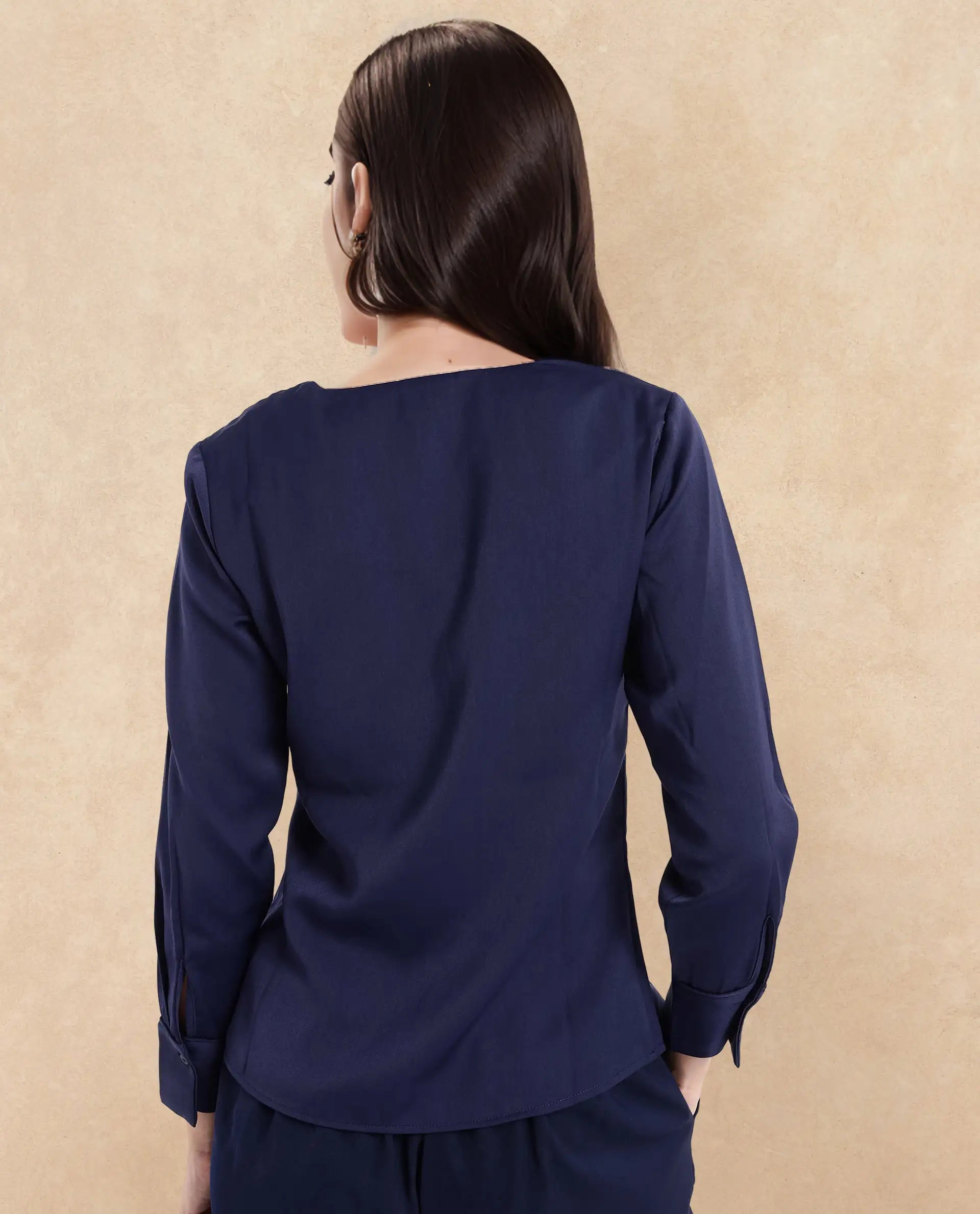 Rareism Women Shami Navy Cuffed Sleeve V-Neck Plain Top