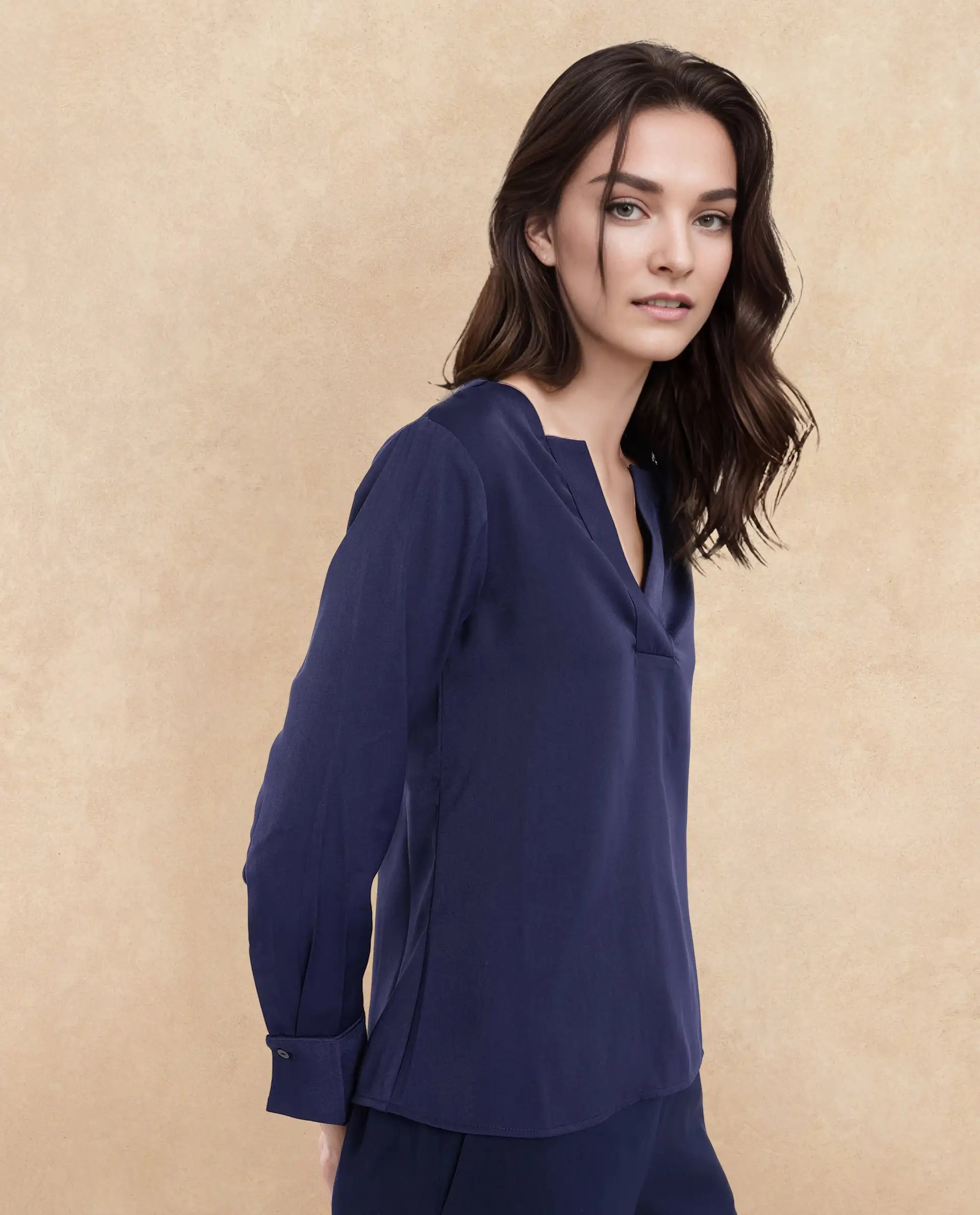 Rareism Women Shami Navy Cuffed Sleeve V-Neck Plain Top