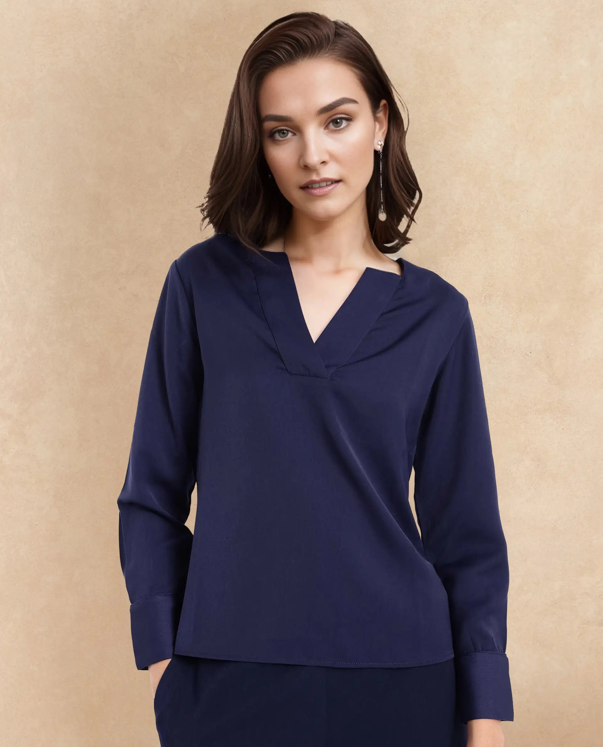 Rareism Women Shami Navy Cuffed Sleeve V-Neck Plain Top