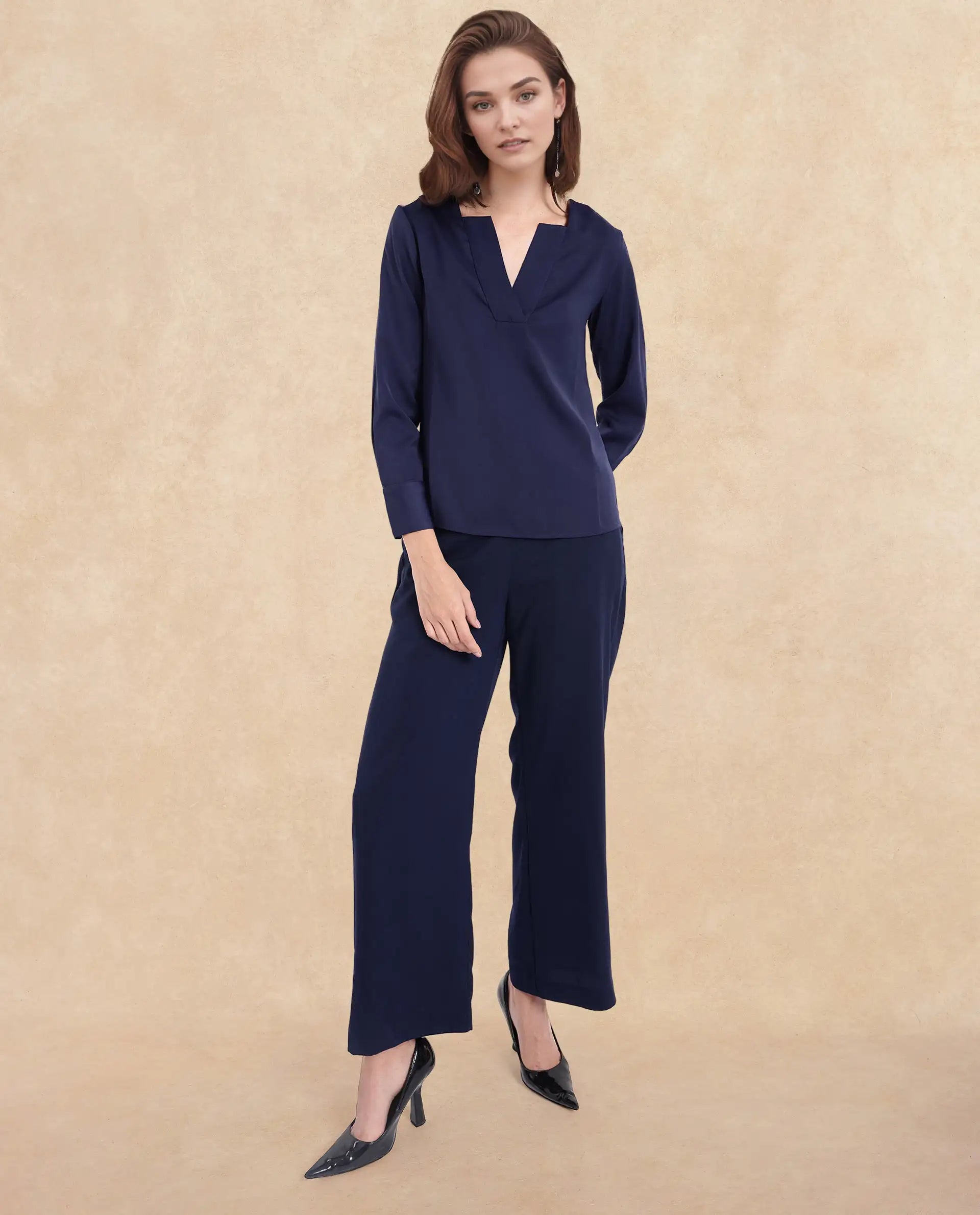 Rareism Women Shami Navy Cuffed Sleeve V-Neck Plain Top