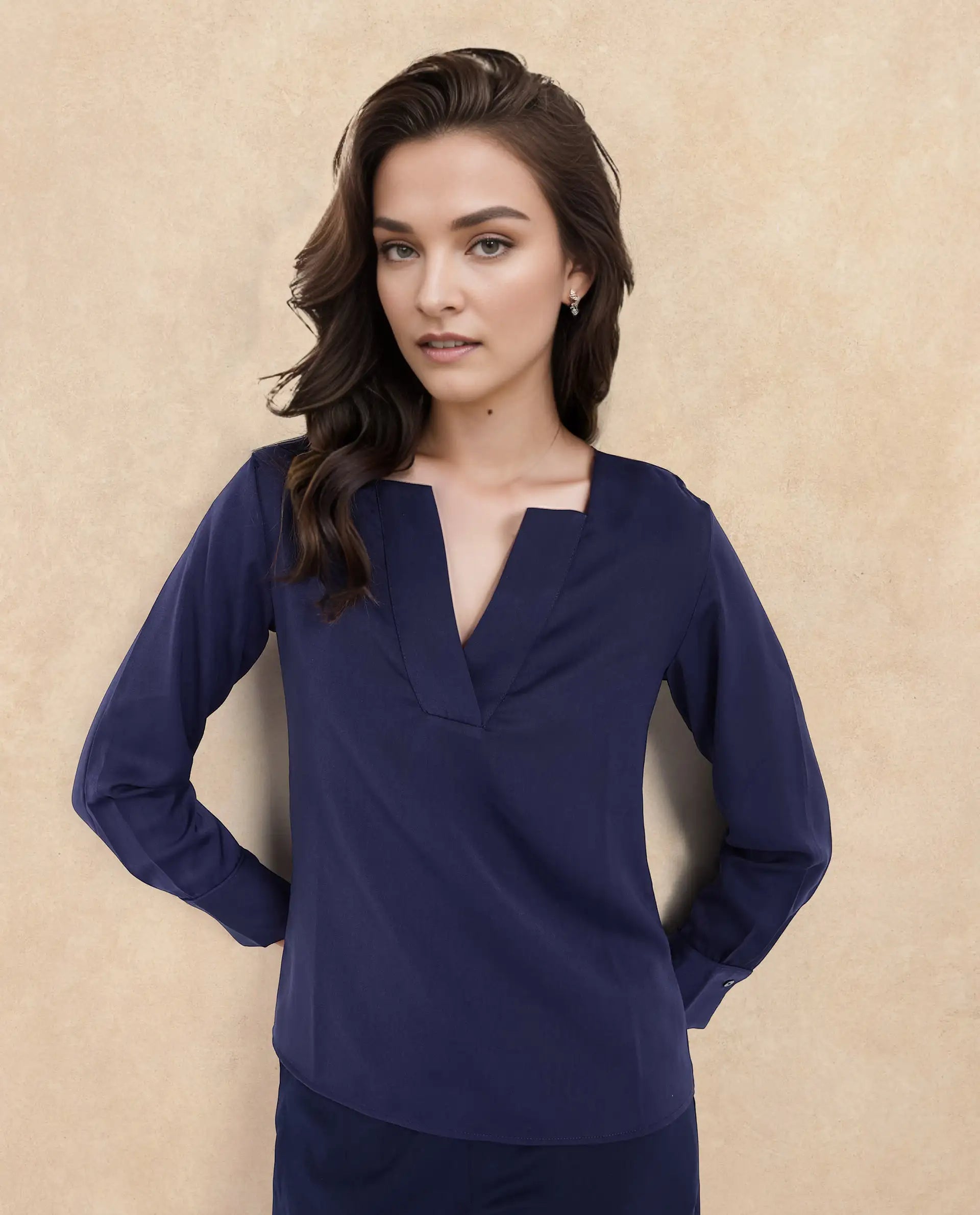 Rareism Women Shami Navy Cuffed Sleeve V-Neck Plain Top