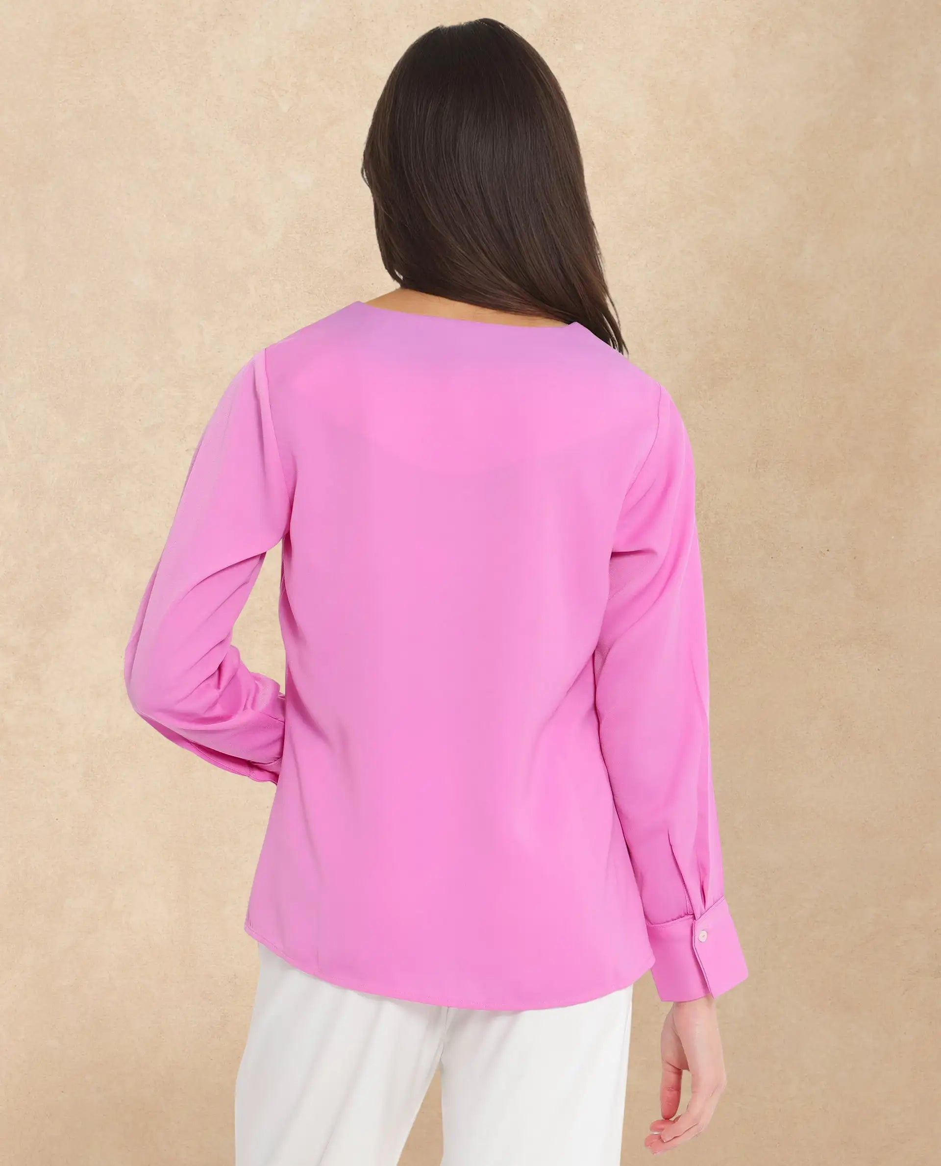 Rareism Women Shami Pink Cuffed Sleeve V-Neck Plain Top