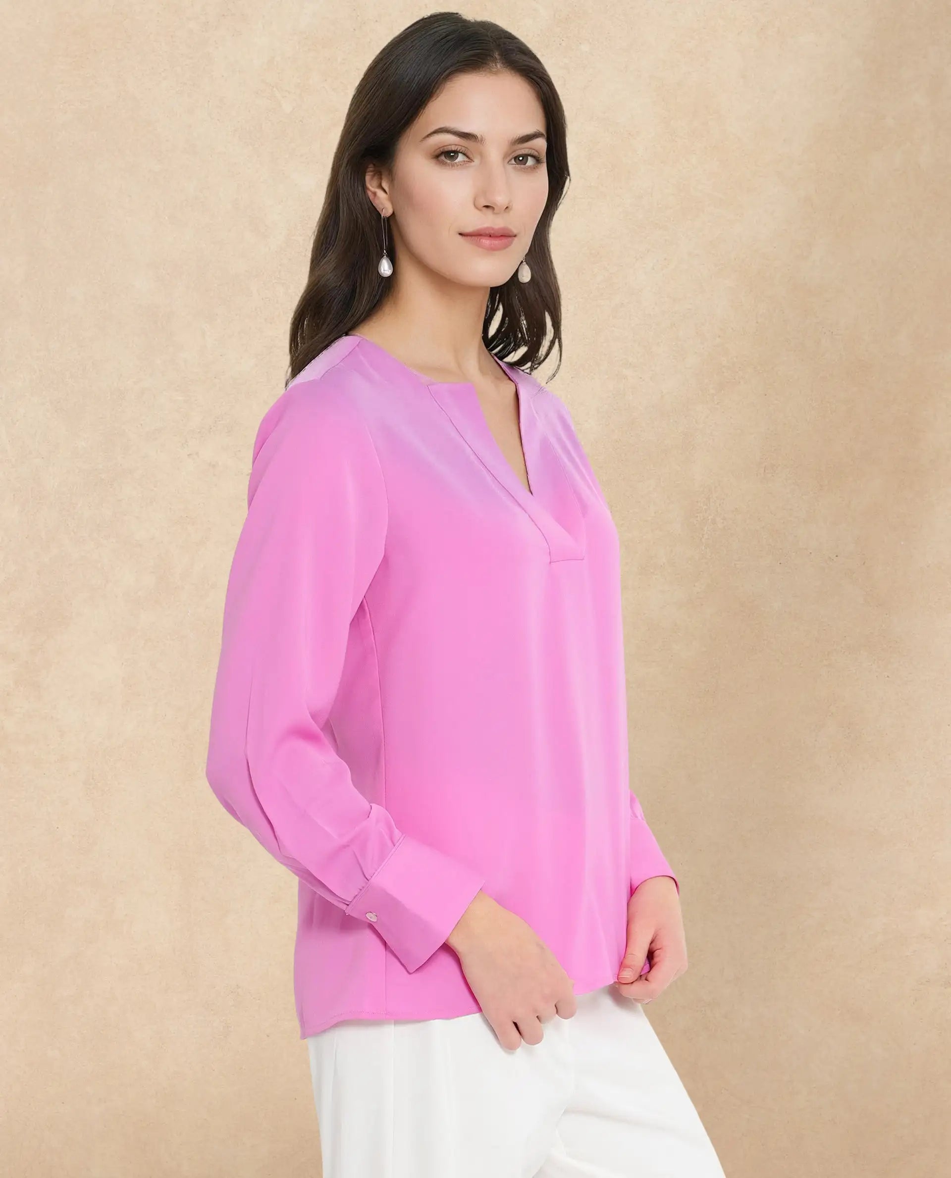 Rareism Women Shami Pink Cuffed Sleeve V-Neck Plain Top