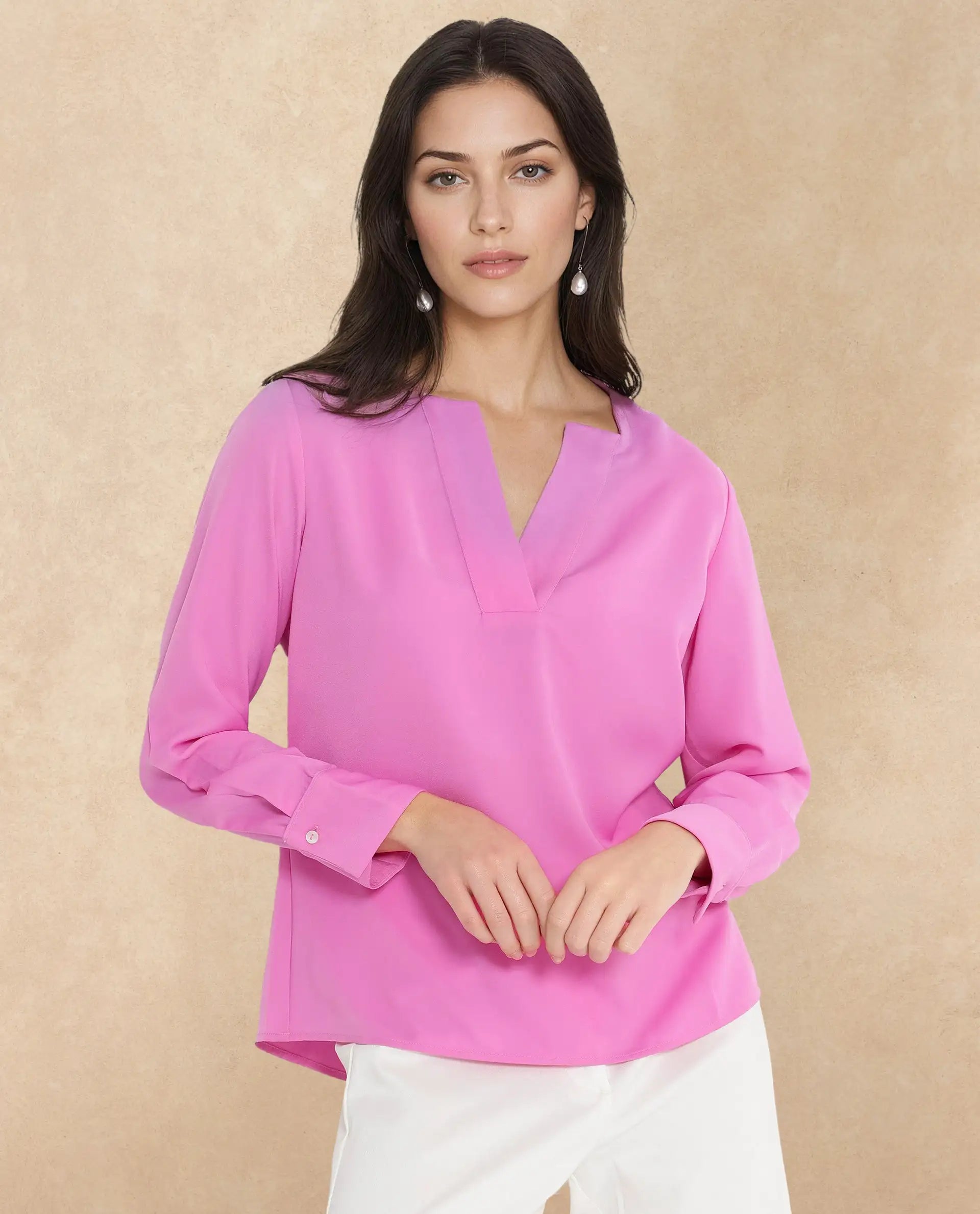 Rareism Women Shami Pink Cuffed Sleeve V-Neck Plain Top