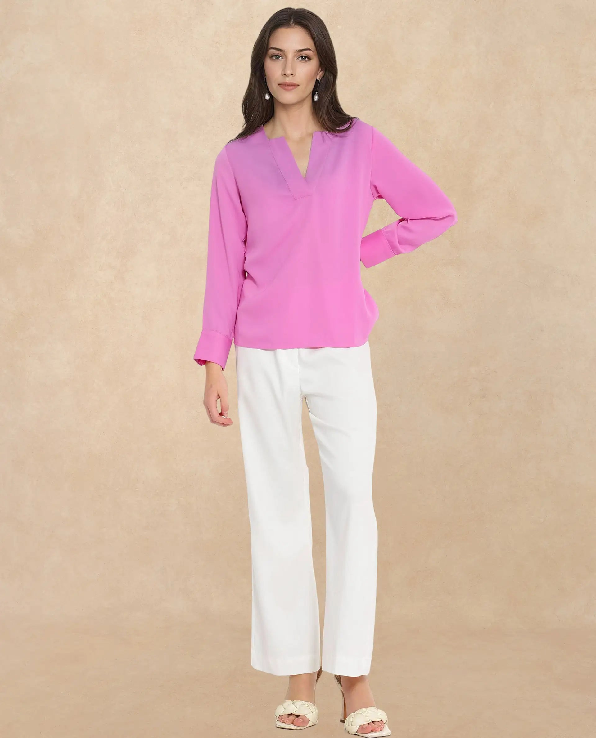 Rareism Women Shami Pink Cuffed Sleeve V-Neck Plain Top