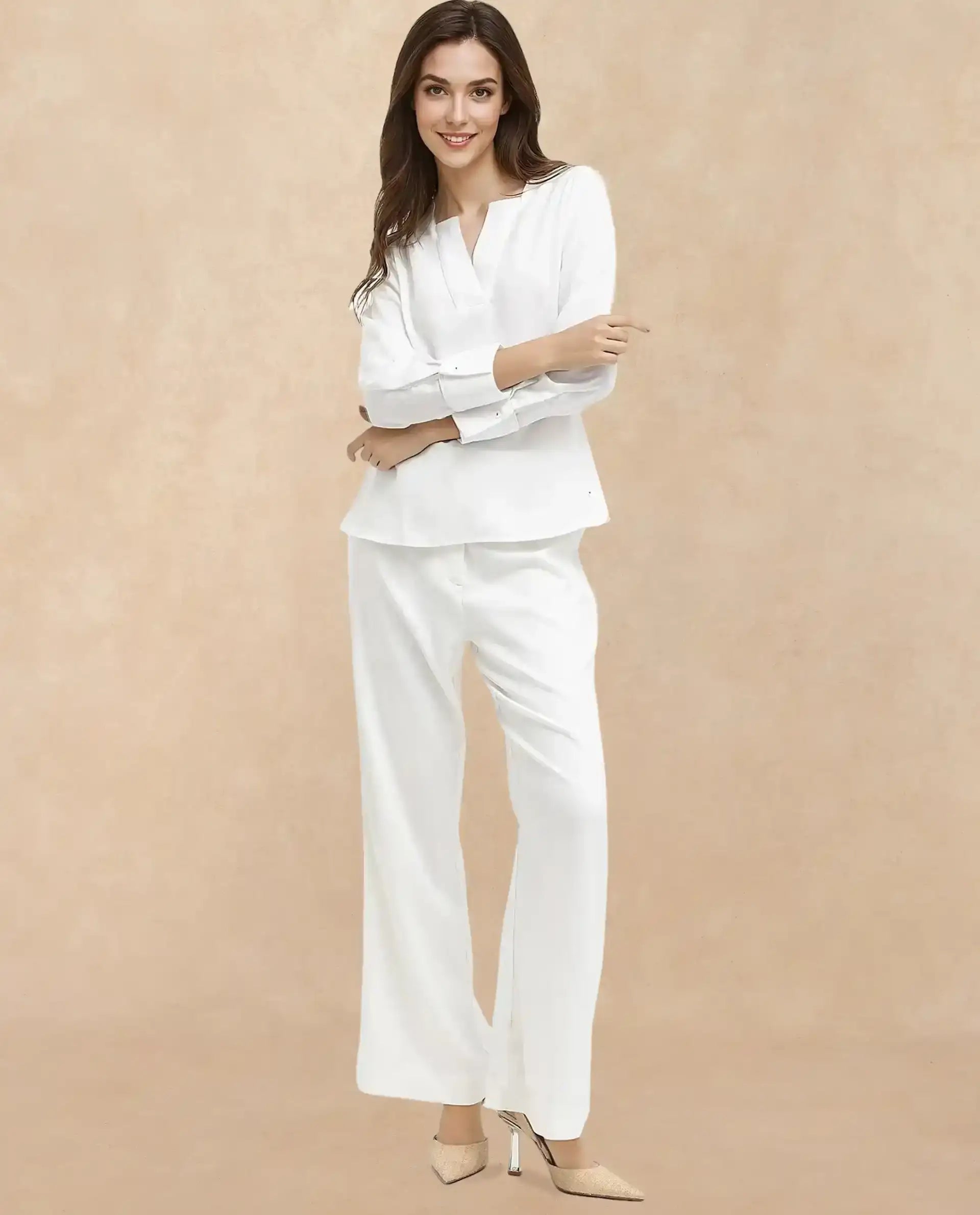 Rareism Women Shamon White Polyester V-Neck Cuffed Sleeve Top