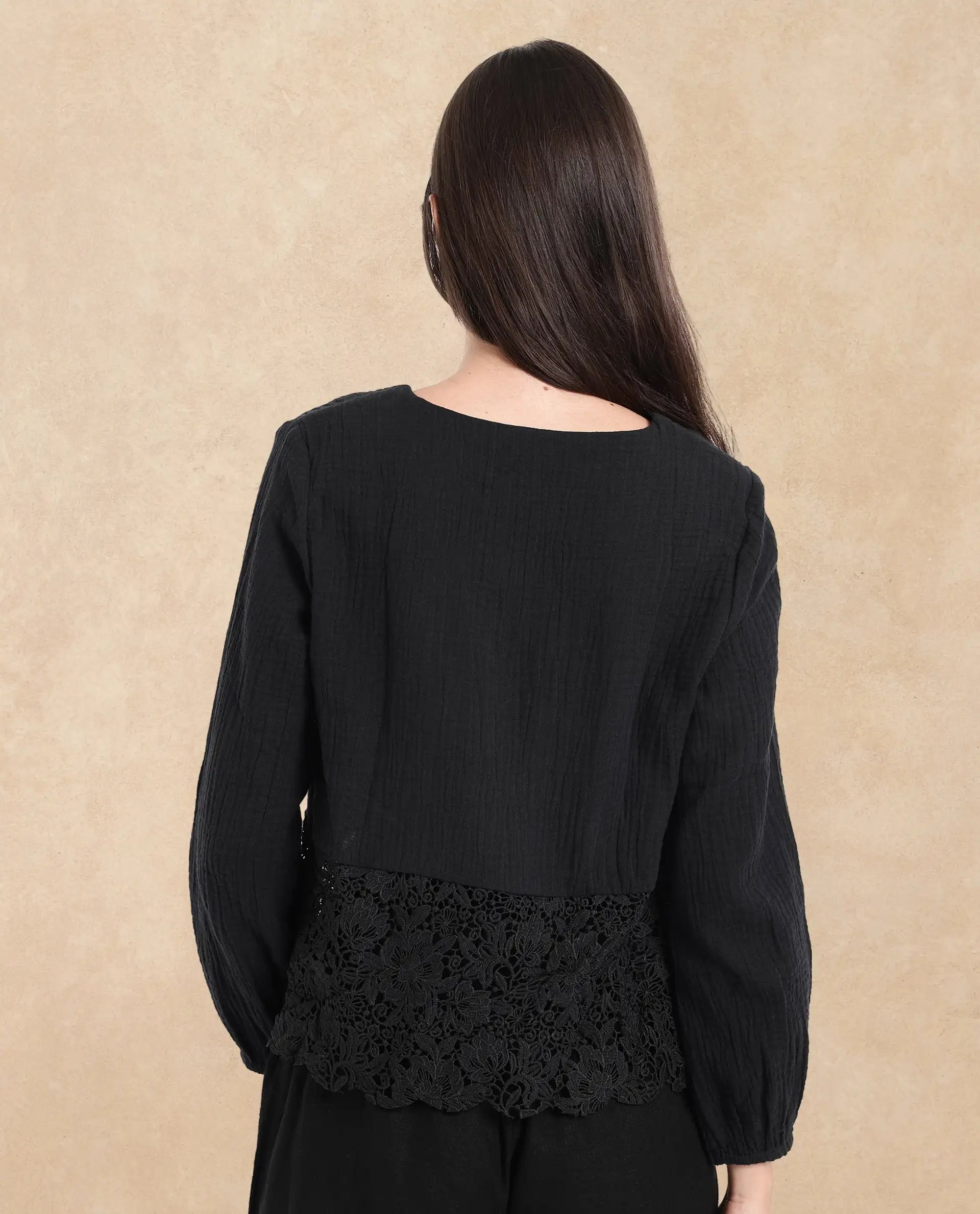 Rareism Women Sinloa Black Bishop Sleeve V-Neck Plain Top