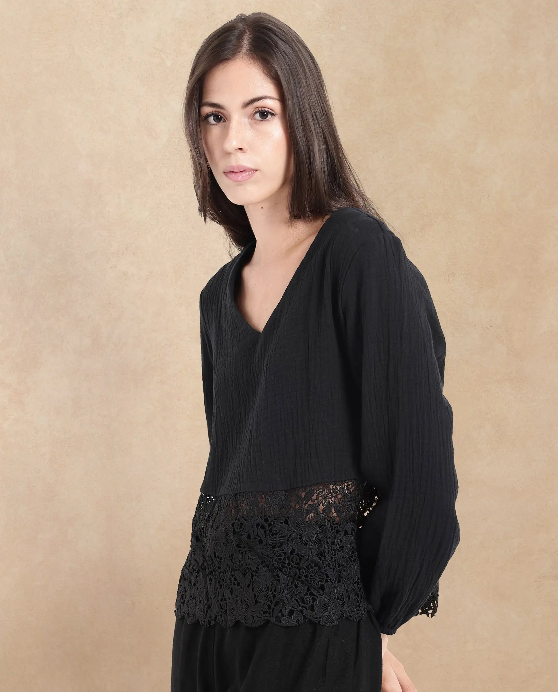 Rareism Women Sinloa Black Bishop Sleeve V-Neck Plain Top