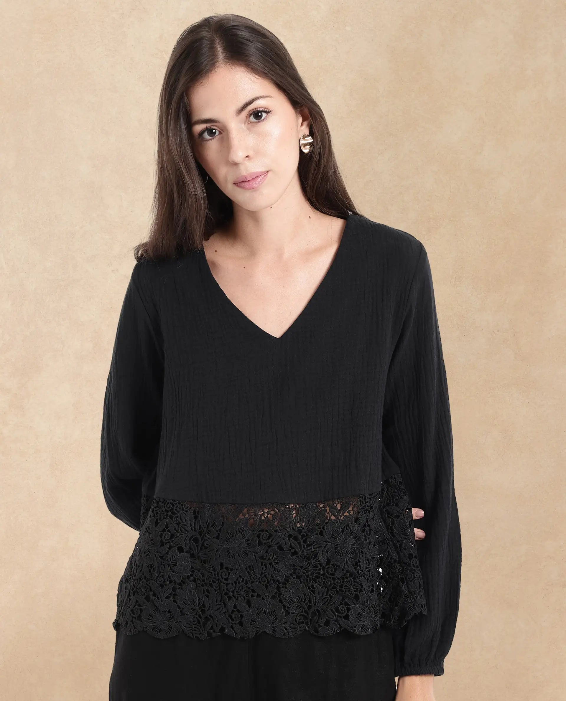 Rareism Women Sinloa Black Bishop Sleeve V-Neck Plain Top