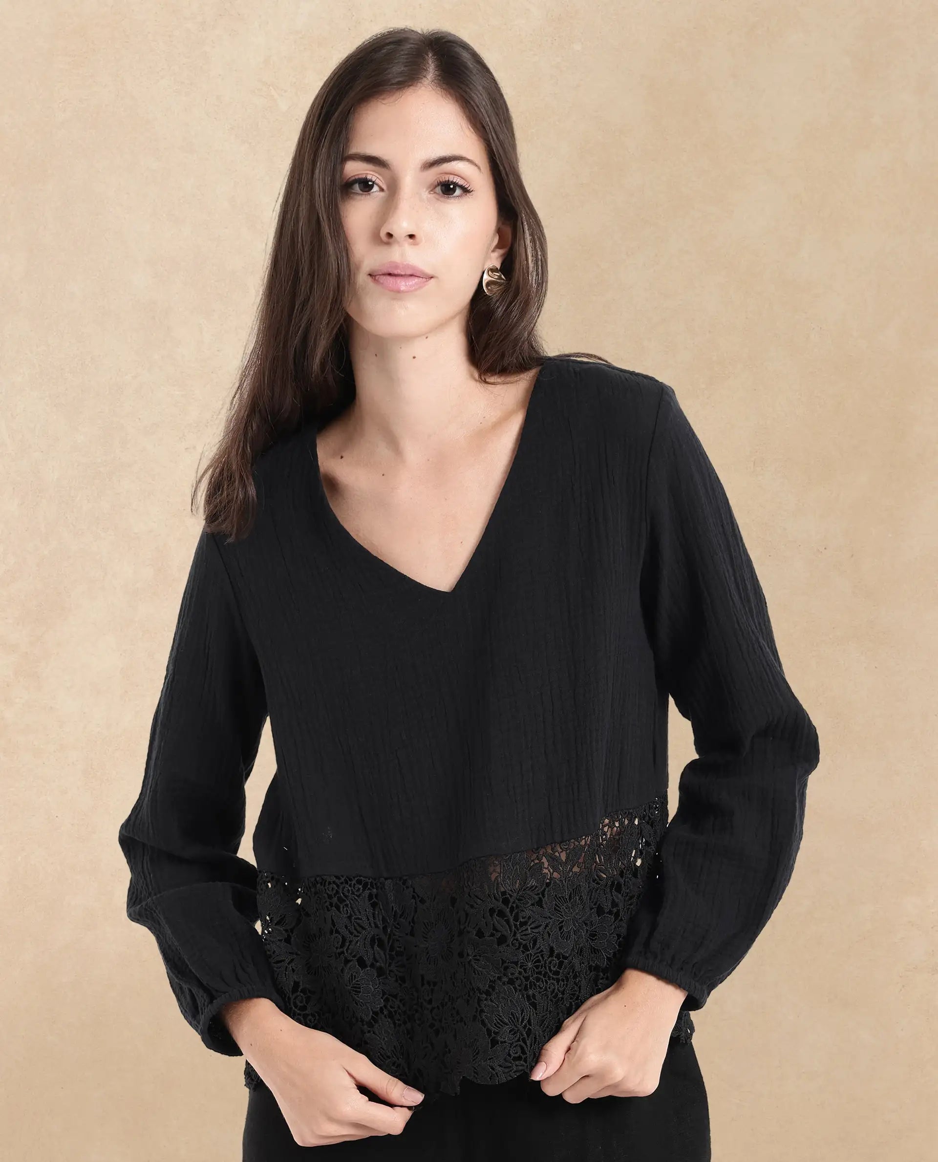 Rareism Women Sinloa Black Bishop Sleeve V-Neck Plain Top