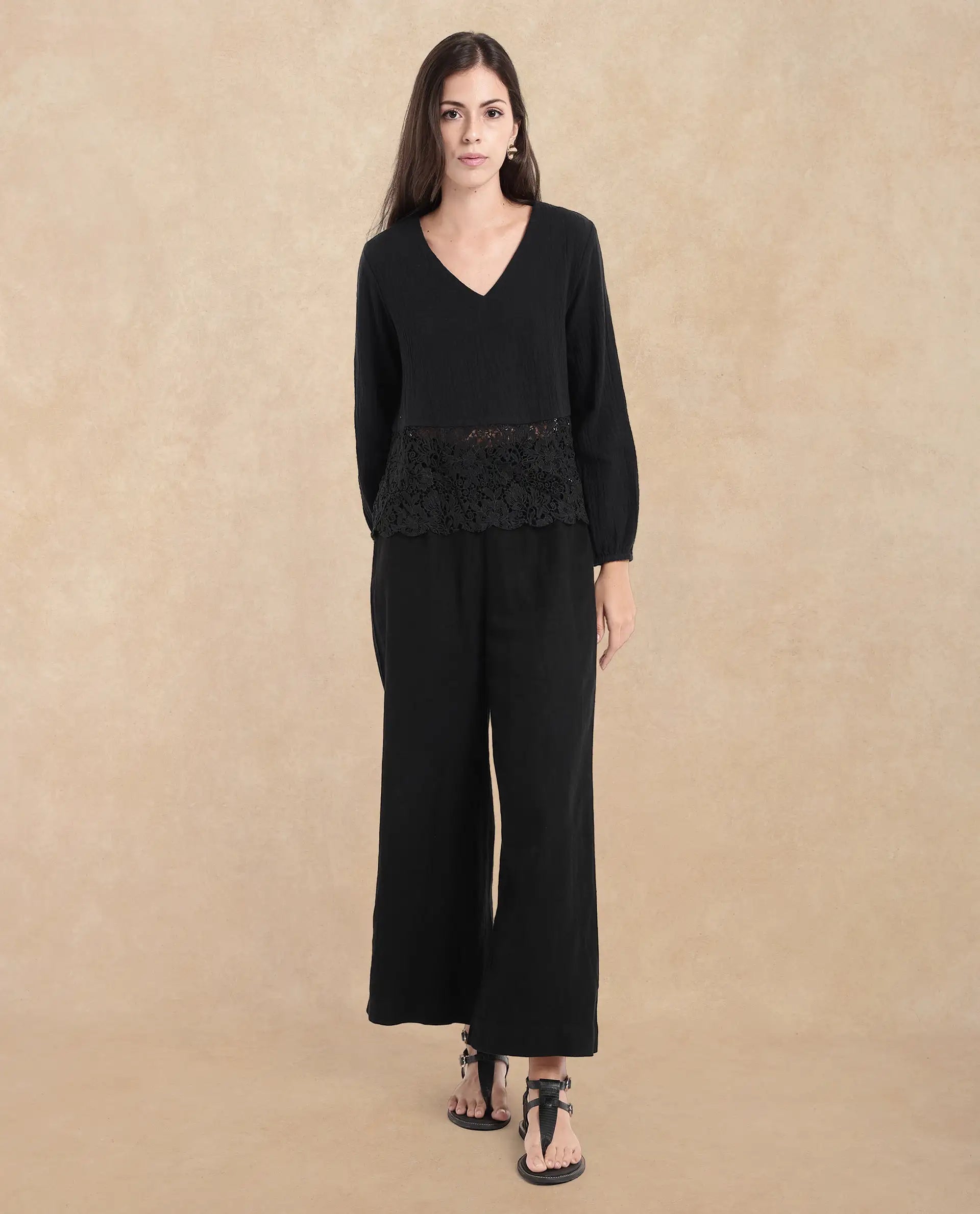 Rareism Women Sinloa Black Bishop Sleeve V-Neck Plain Top