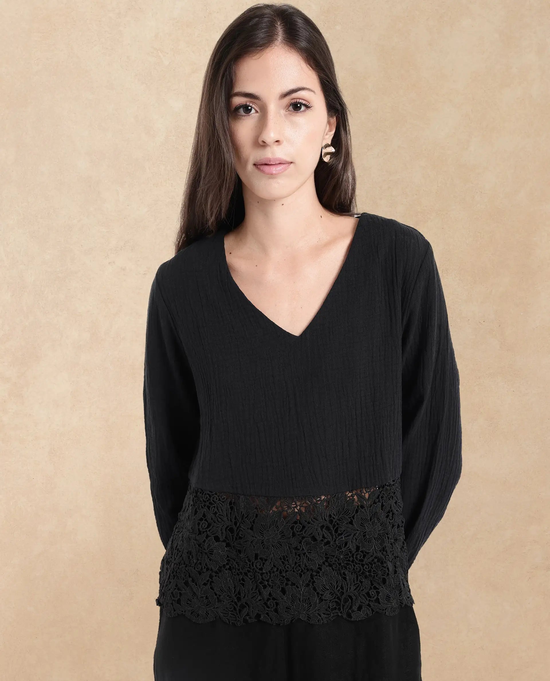 Rareism Women Sinloa Black Bishop Sleeve V-Neck Plain Top