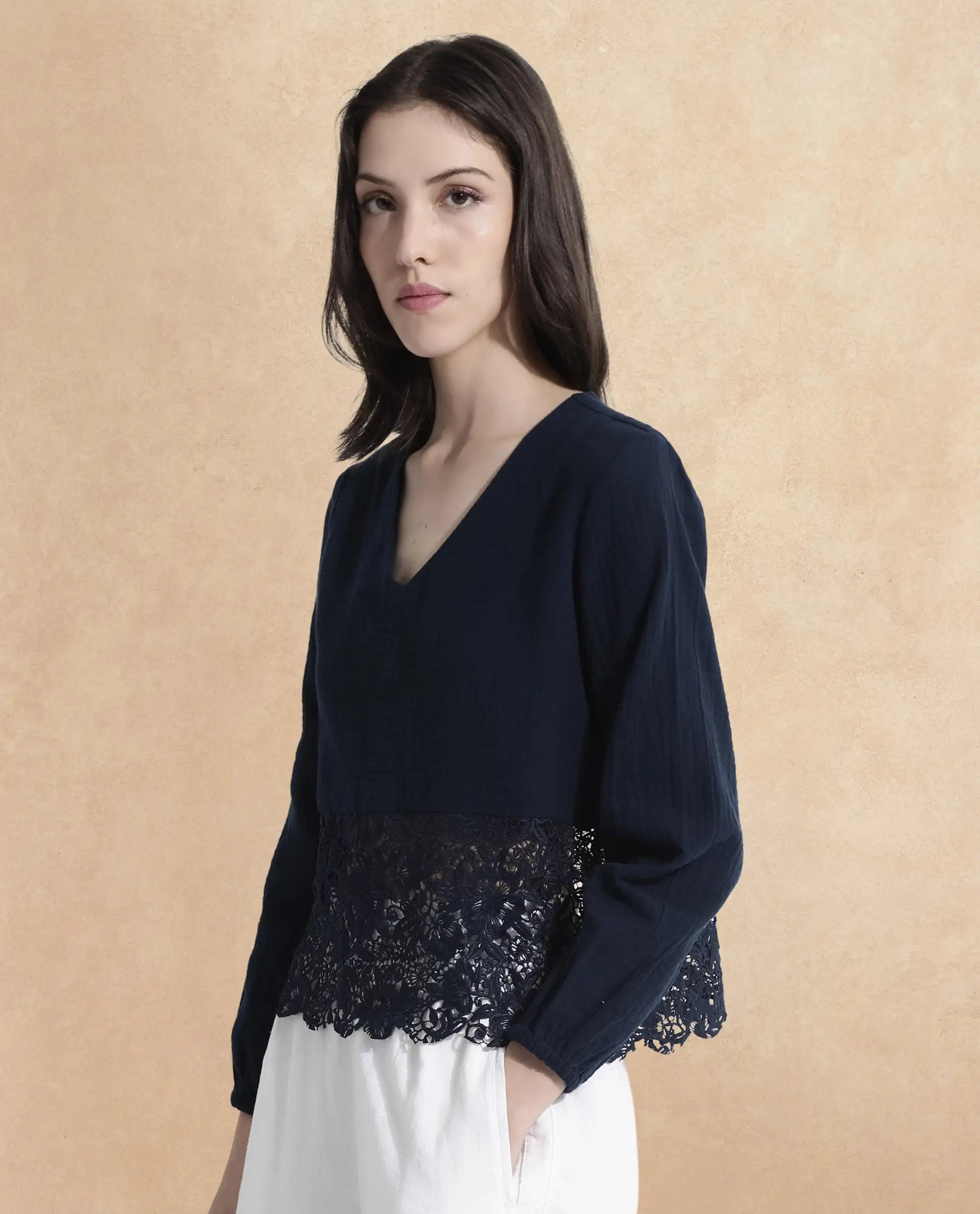 Rareism Women Sinloao Navy Full Sleeve V-Neck Plain Top