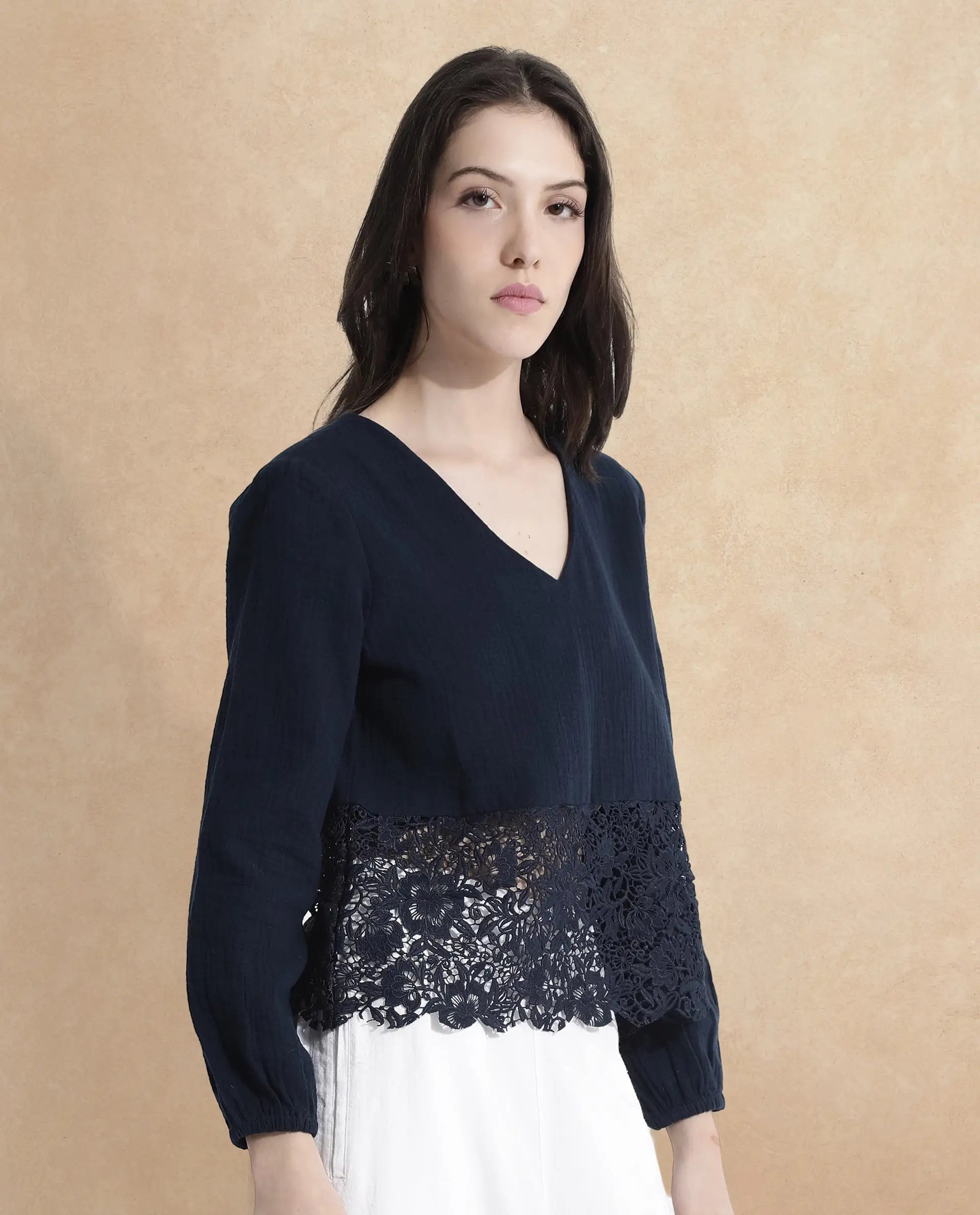 Rareism Women Sinloao Navy Full Sleeve V-Neck Plain Top