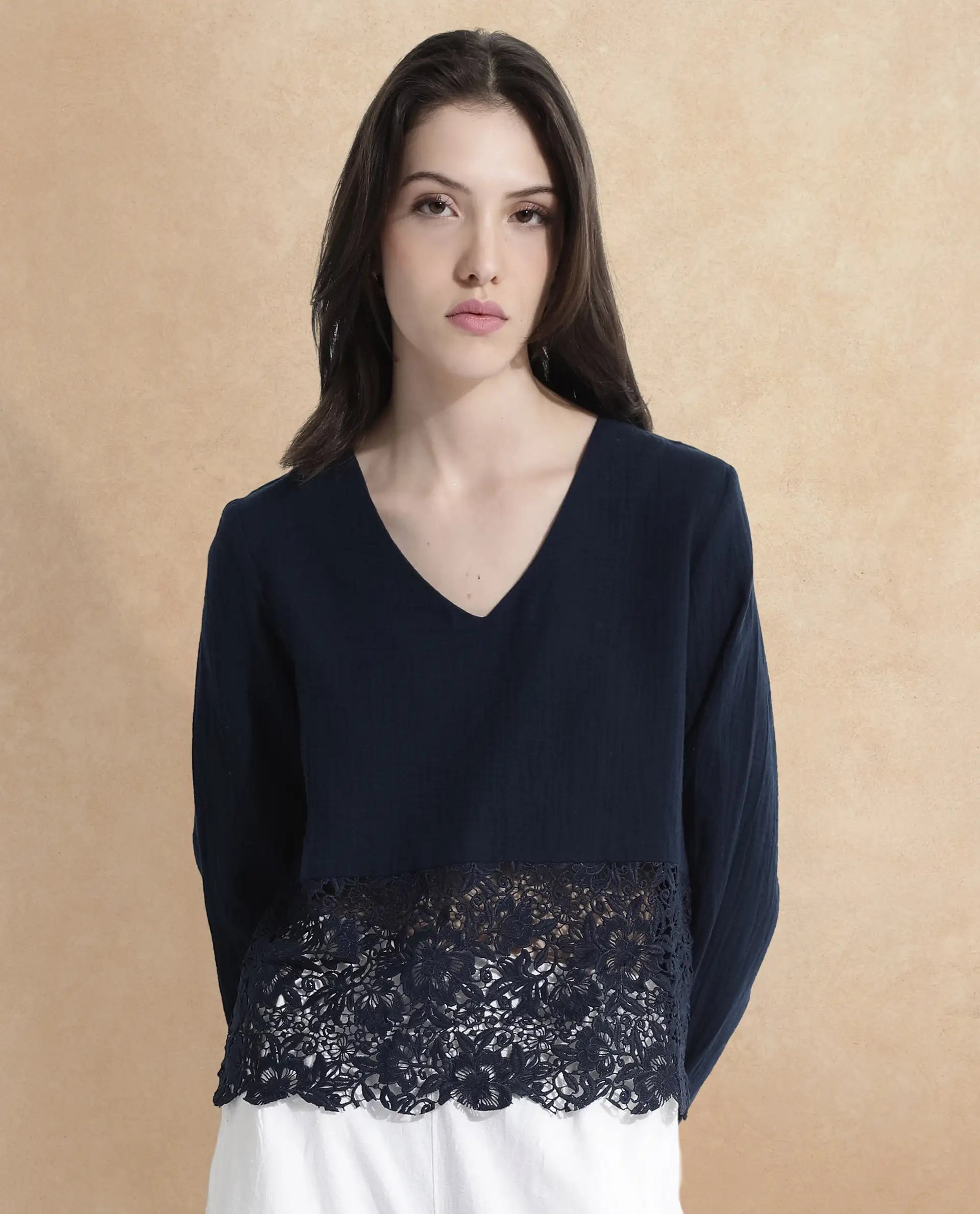 Rareism Women Sinloao Navy Full Sleeve V-Neck Plain Top