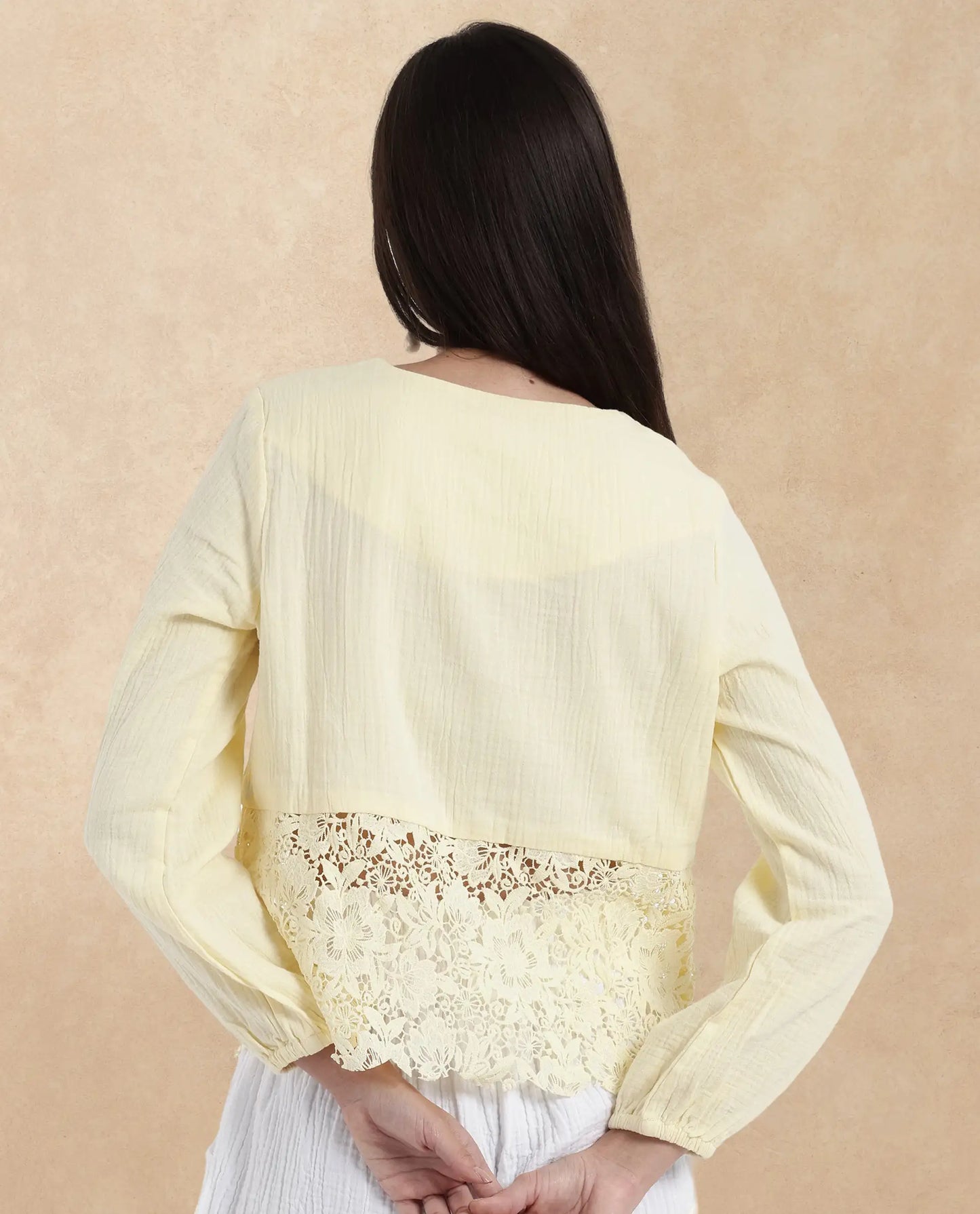 Rareism Women Sinloao Light Yellow Full Sleeve V-Neck Plain Top