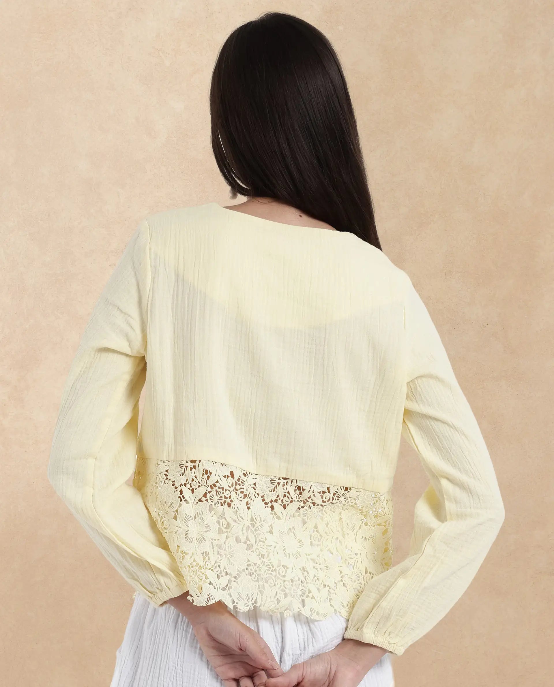 Rareism Women Sinloao Light Yellow Full Sleeve V-Neck Plain Top