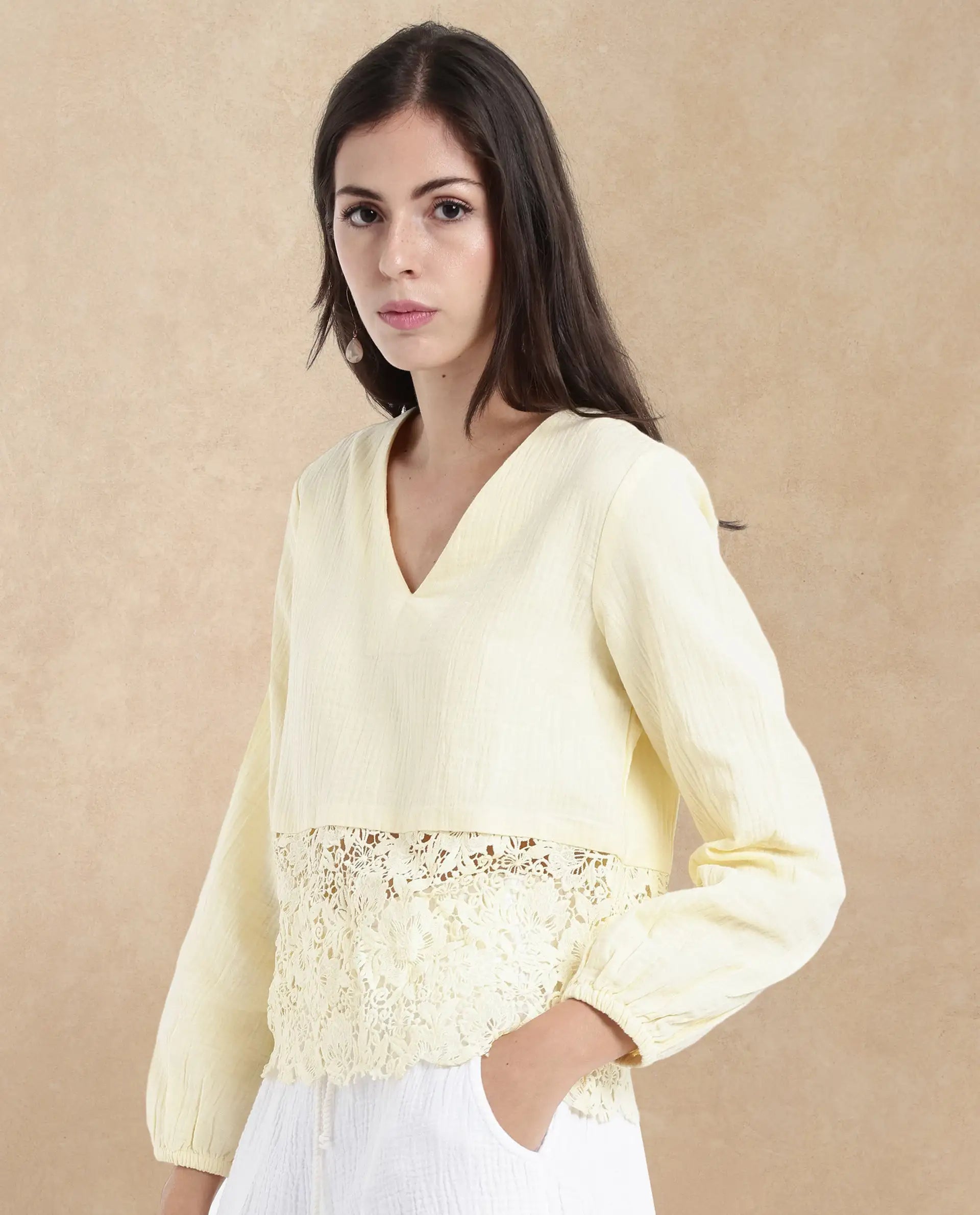 Rareism Women Sinloao Light Yellow Full Sleeve V-Neck Plain Top