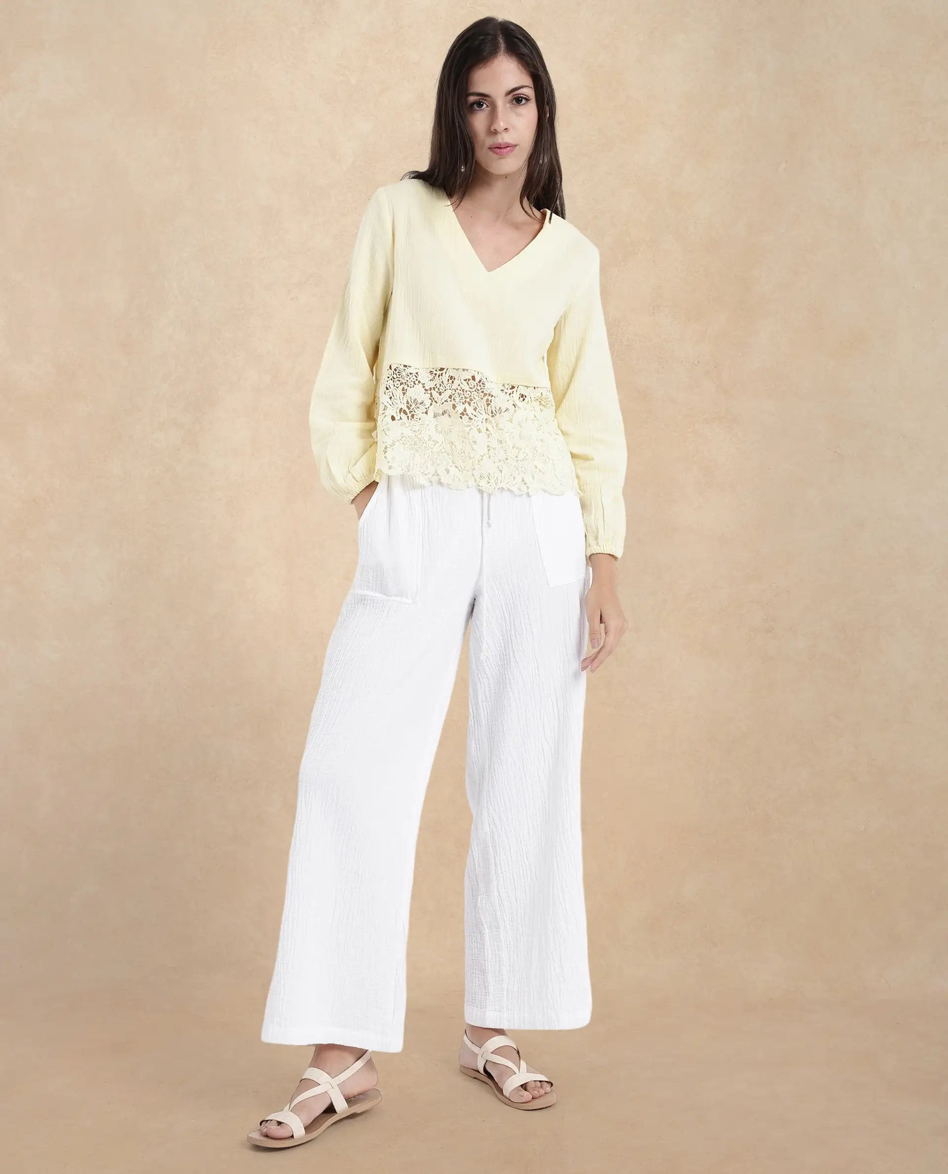 Rareism Women Sinloao Light Yellow Full Sleeve V-Neck Plain Top