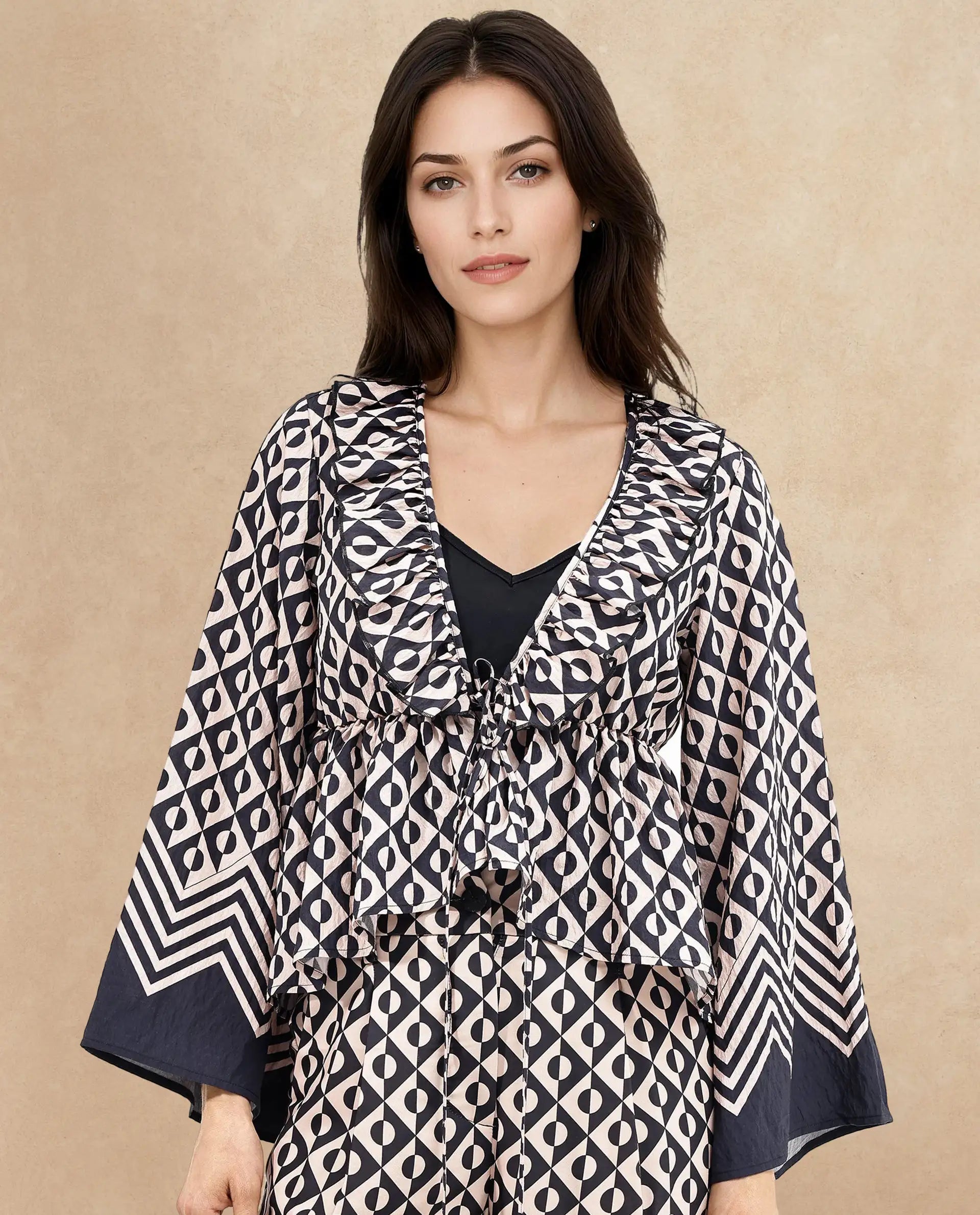 Rareism Women Smor Black Viscose Fabric Bell Sleeves Ruffled Neck Tie Up Closure Geometric Print Top