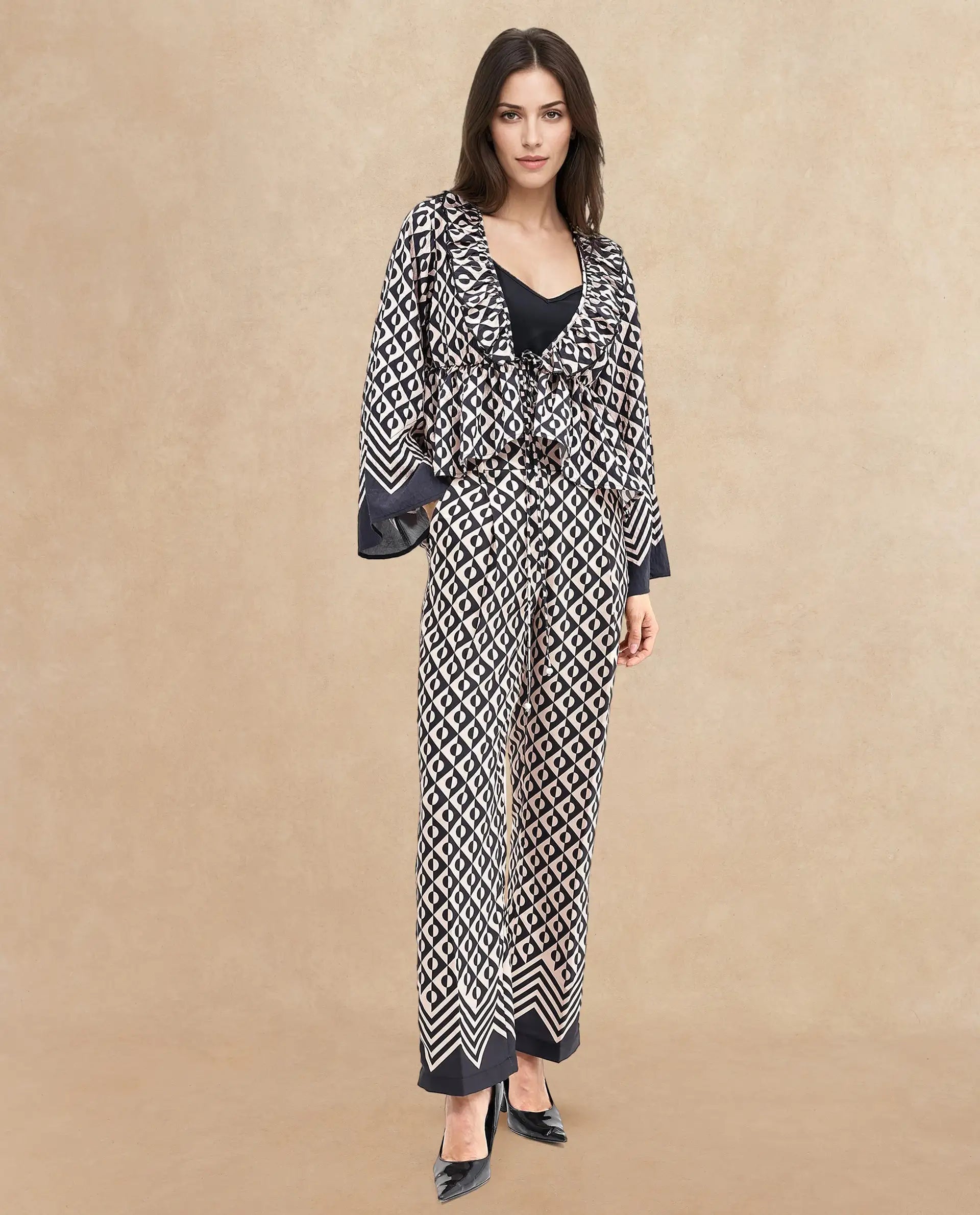 Rareism Women Smor Black Viscose Fabric Bell Sleeves Ruffled Neck Tie Up Closure Geometric Print Top