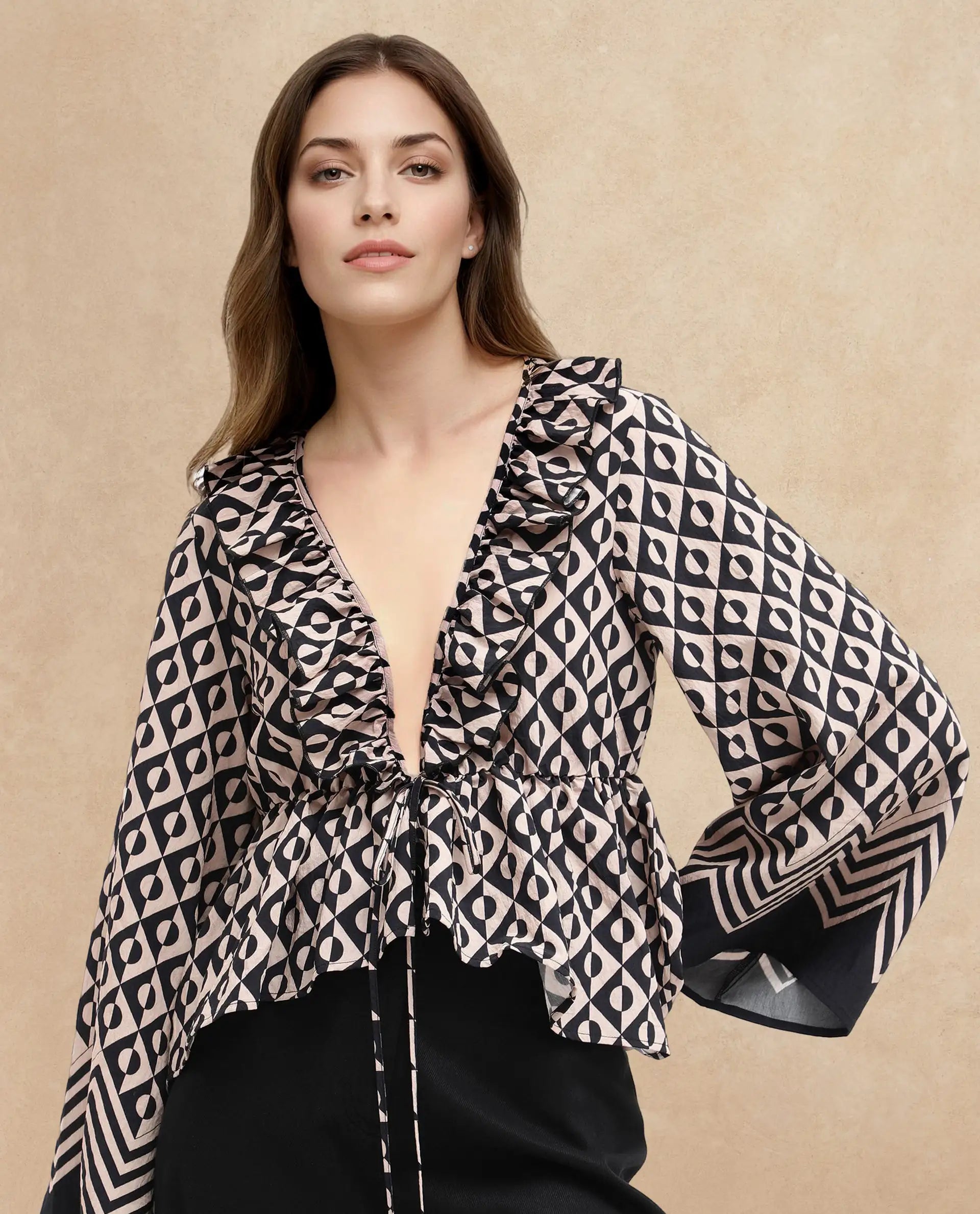 Rareism Women Smor Black Viscose Fabric Bell Sleeves Ruffled Neck Tie Up Closure Geometric Print Top