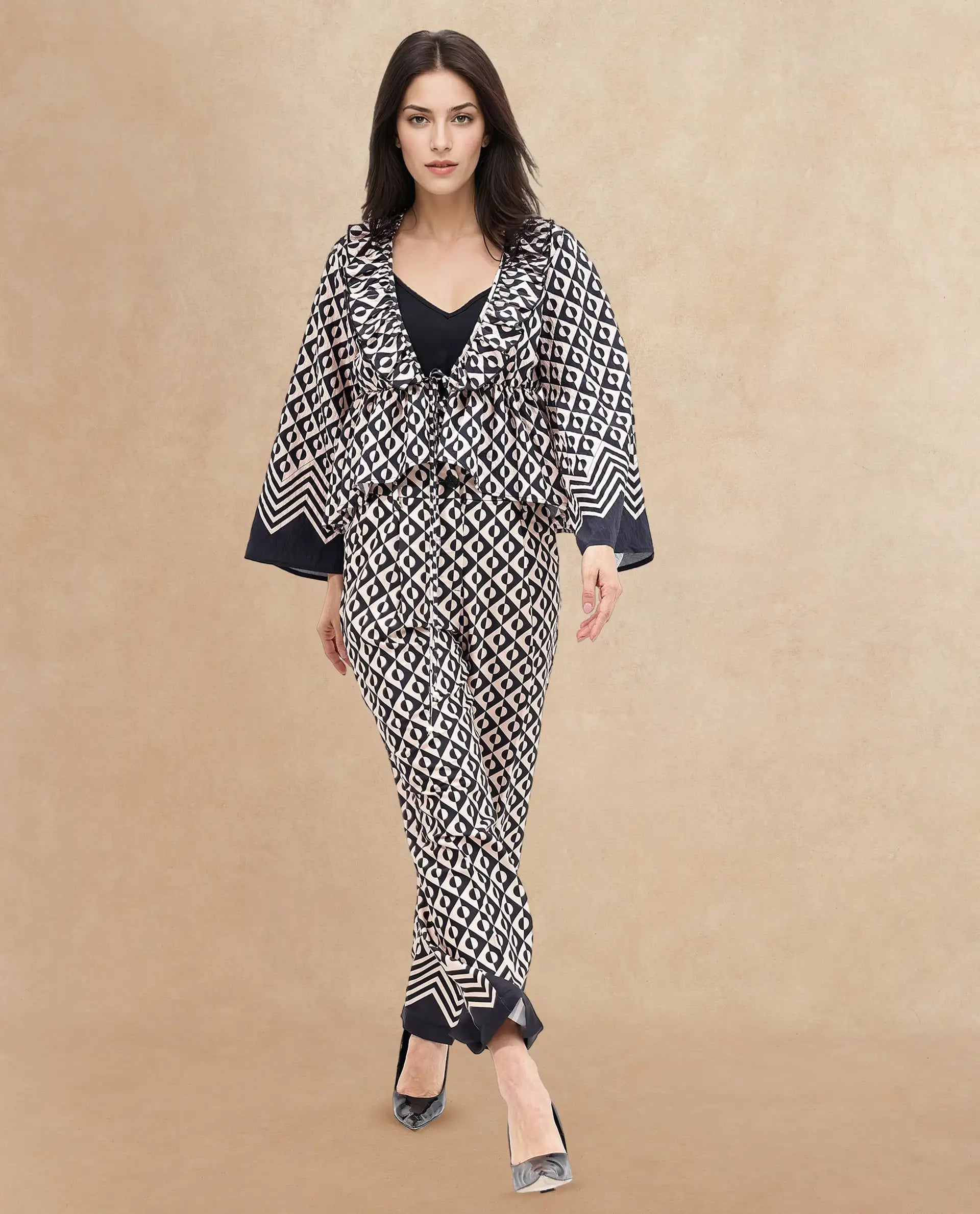 Rareism Women Smor Black Viscose Fabric Bell Sleeves Ruffled Neck Tie Up Closure Geometric Print Top