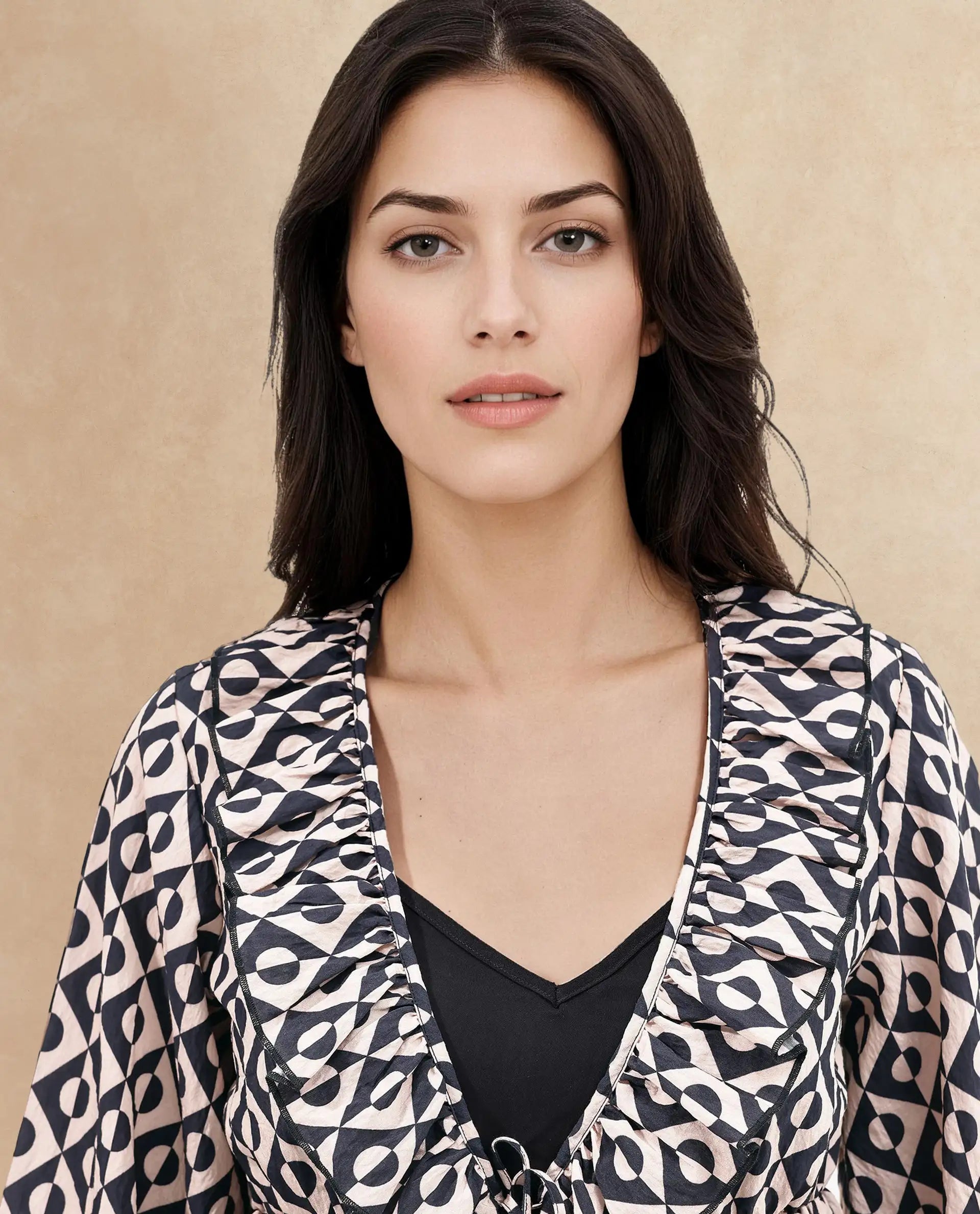 Rareism Women Smor Black Viscose Fabric Bell Sleeves Ruffled Neck Tie Up Closure Geometric Print Top