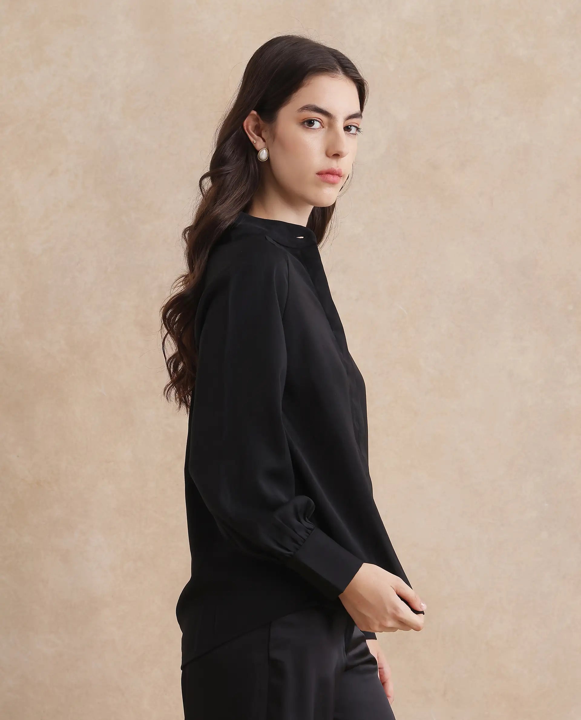 Rareism Women Snera Black Poly Blend Fabric Cuffed Sleeve Collared Neck Button Closure Plain Top