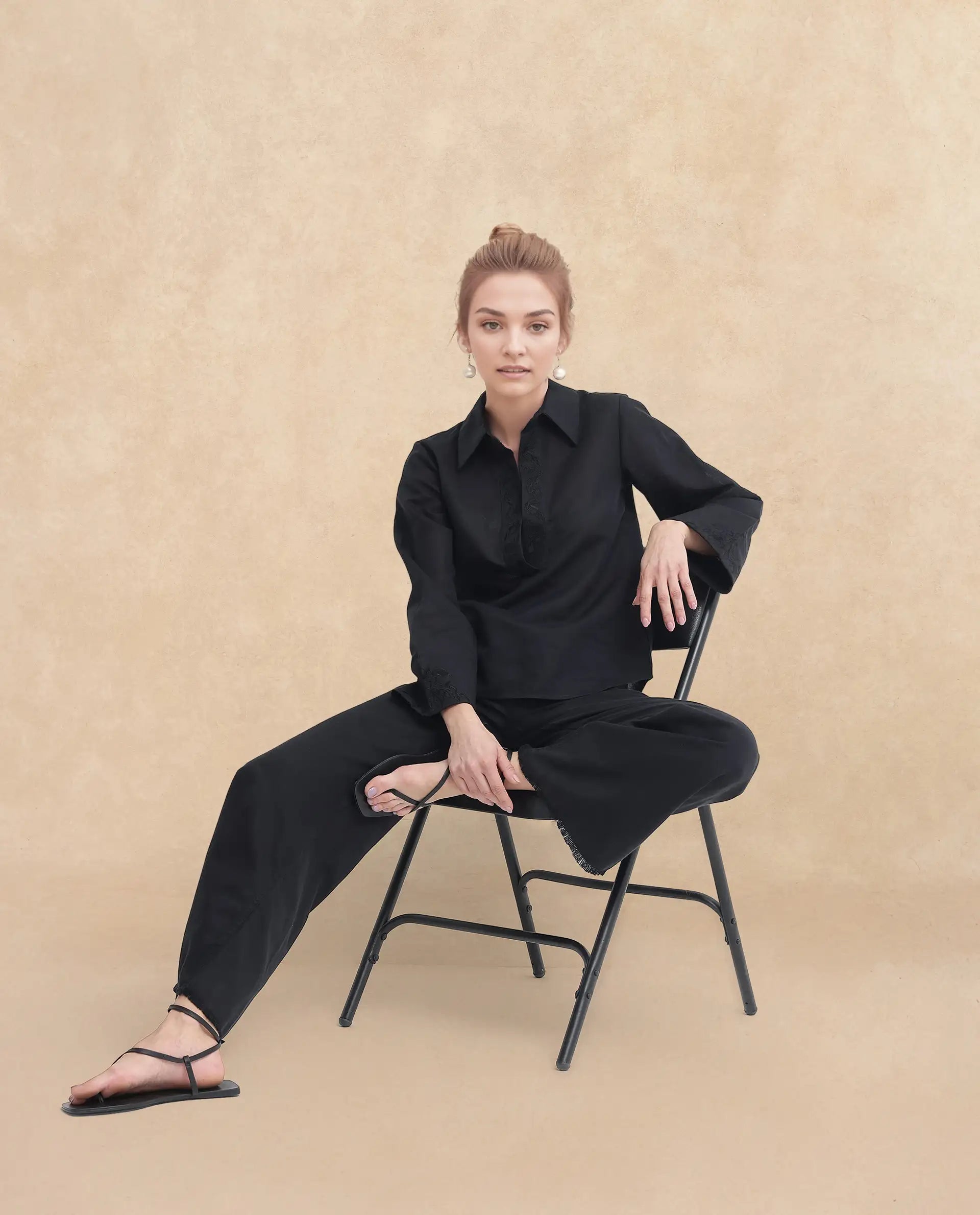 Rareism Women Sofian Black Cotton Linen Fabric Regular Sleeves Collared Neck Solid Regular Length Top