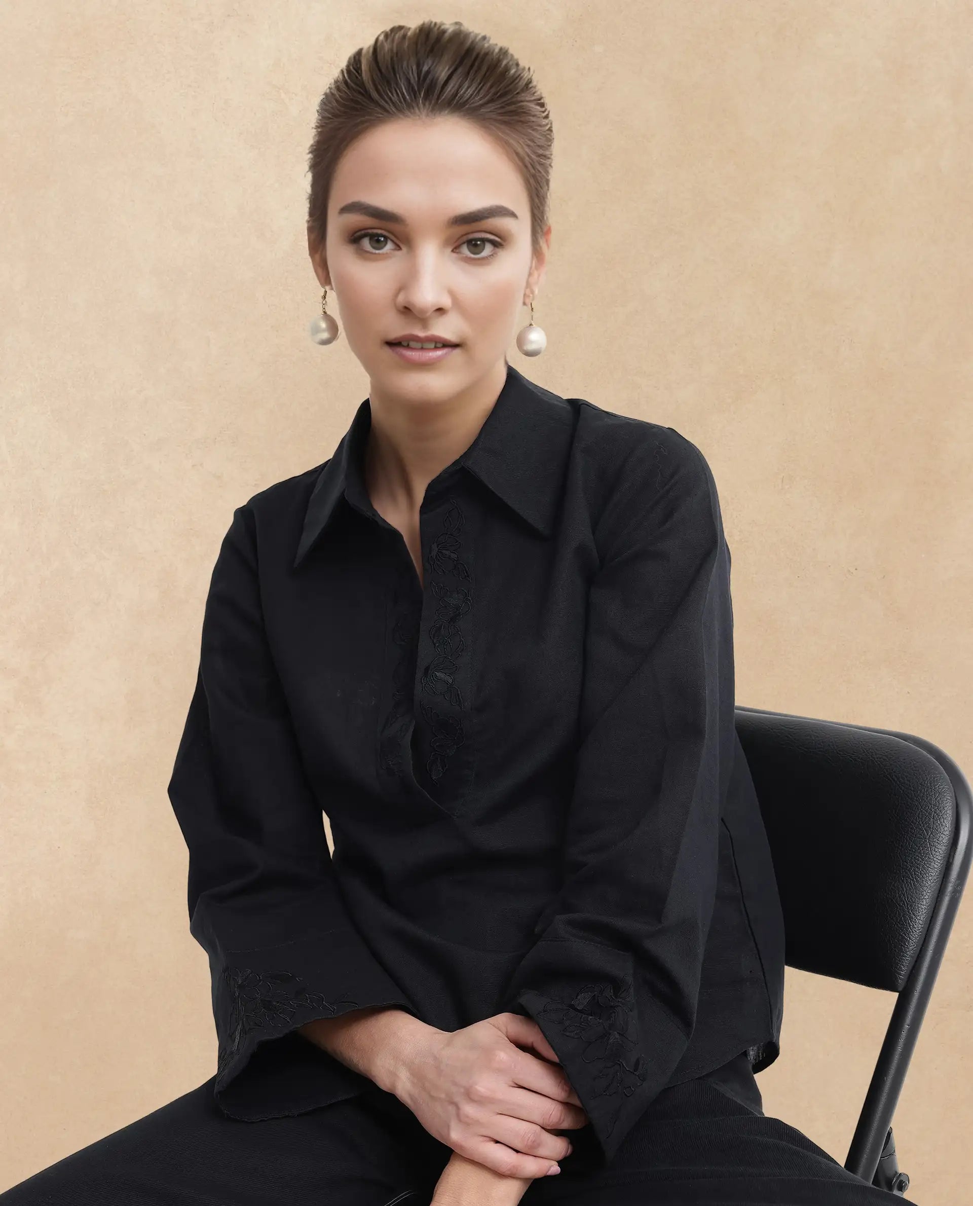 Rareism Women Sofian Black Cotton Linen Fabric Regular Sleeves Collared Neck Solid Regular Length Top