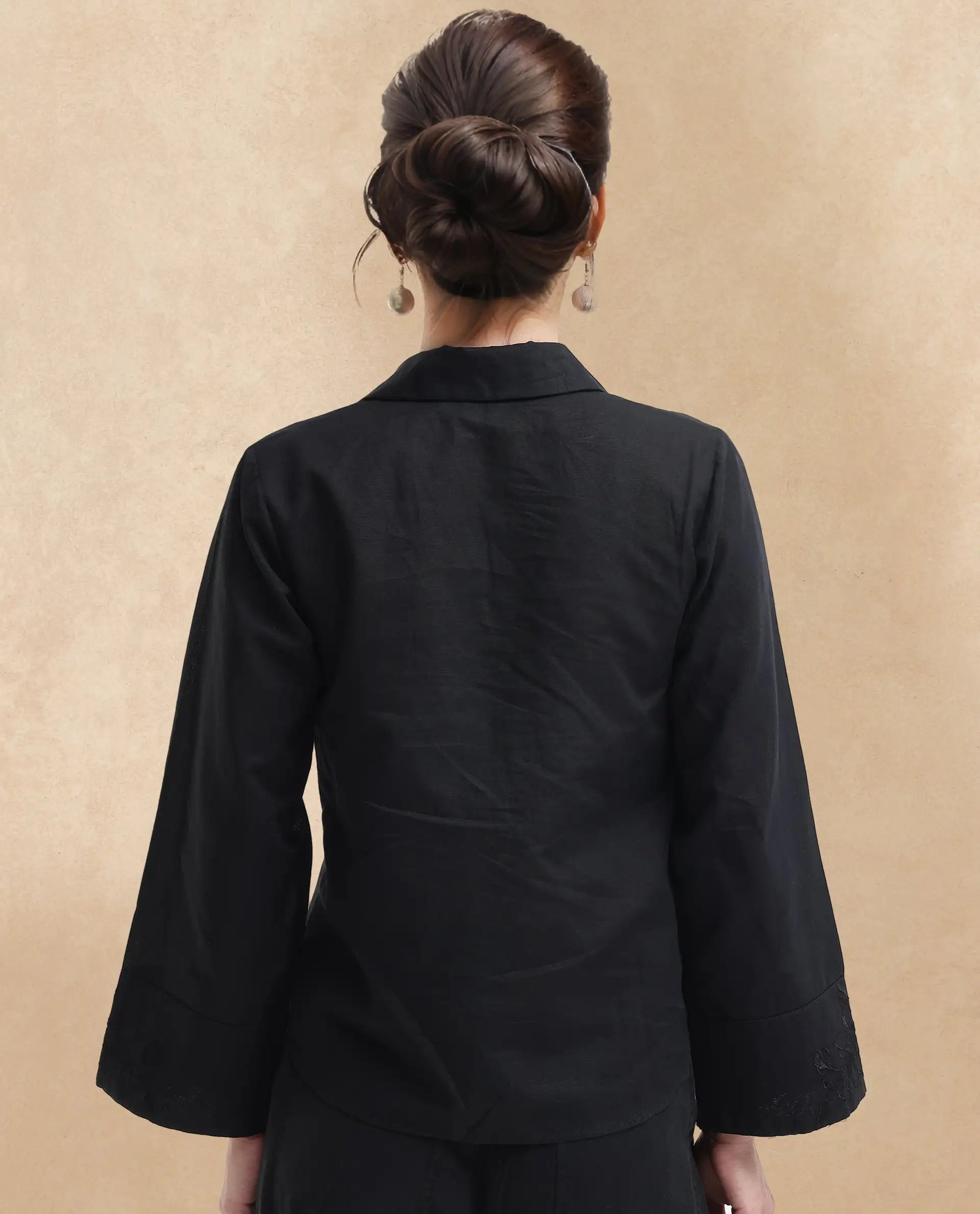 Rareism Women Sofian Black Cotton Linen Fabric Regular Sleeves Collared Neck Solid Regular Length Top