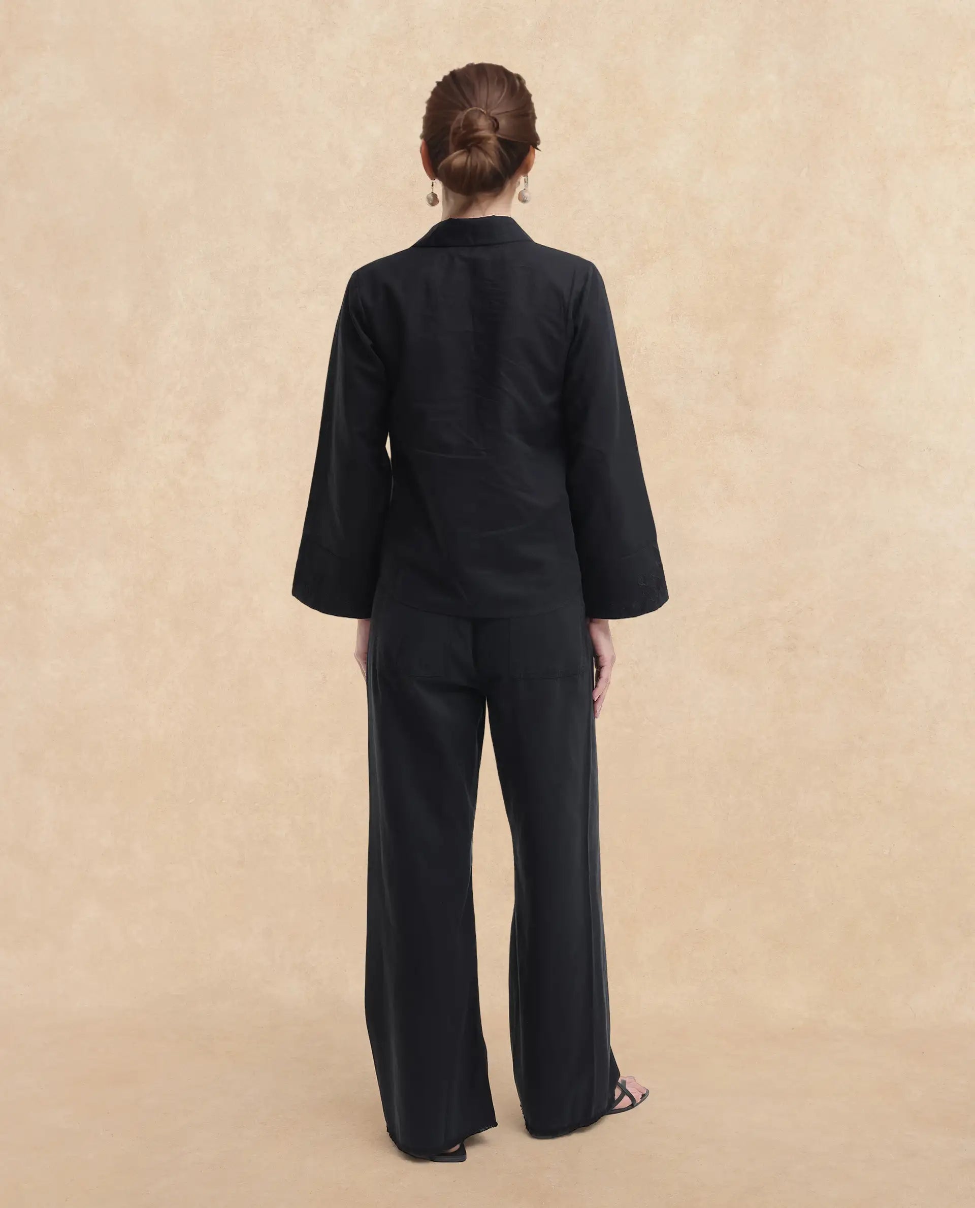 Rareism Women Sofian Black Cotton Linen Fabric Regular Sleeves Collared Neck Solid Regular Length Top